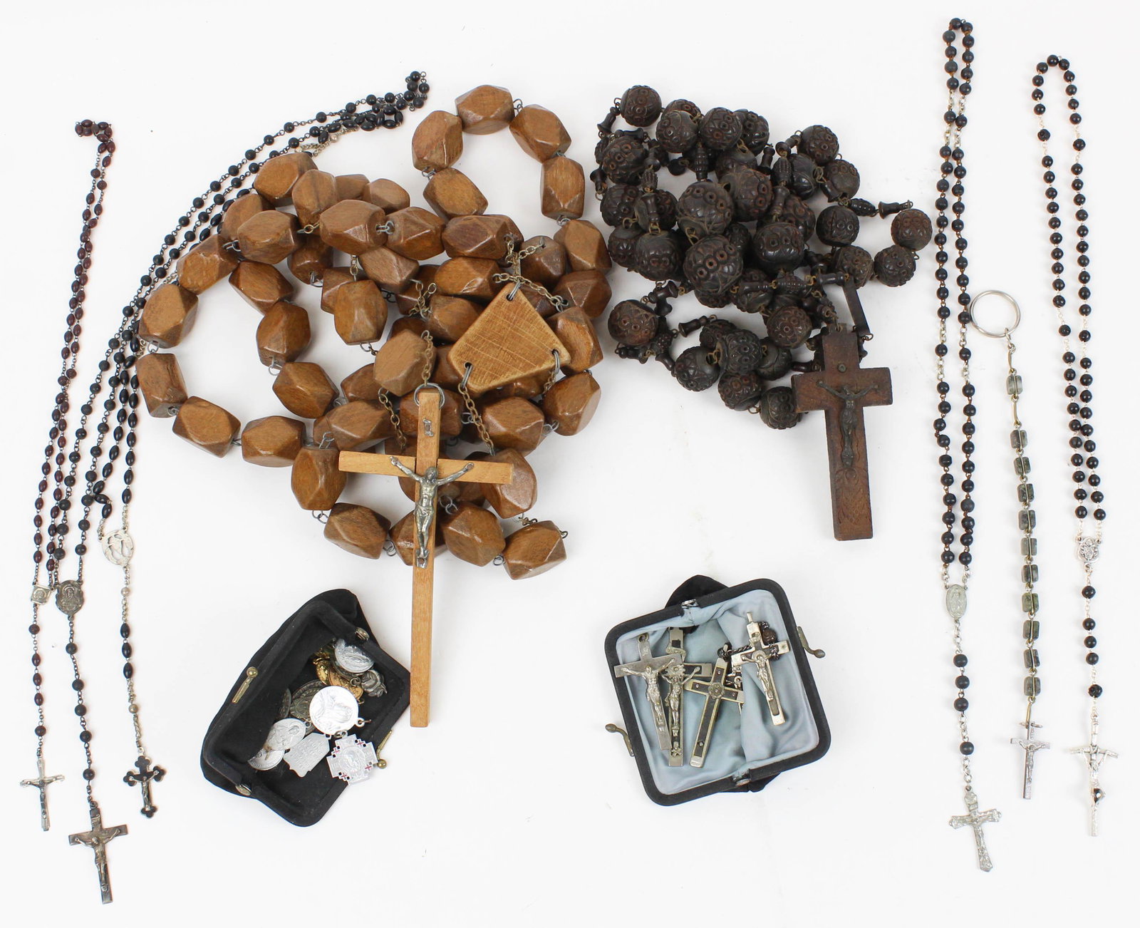 Catholic Carved Rosary Necklaces, Crucifixes: Catholic carved Rosary necklaces, Crucifixes, including large "Souvenir Du Mont St Michel" carved bead rosary