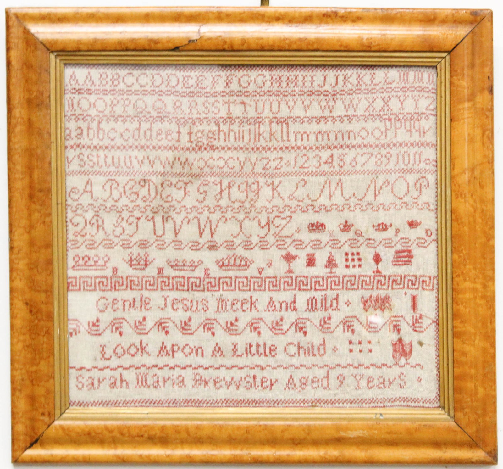 Sarah Maria Brewster Needlework Sampler: Sarah Maria Brewster aged 9 years red & white cross stitch schoolgirl needlework sampler, in a birdseye maple frame, 20" x 21"