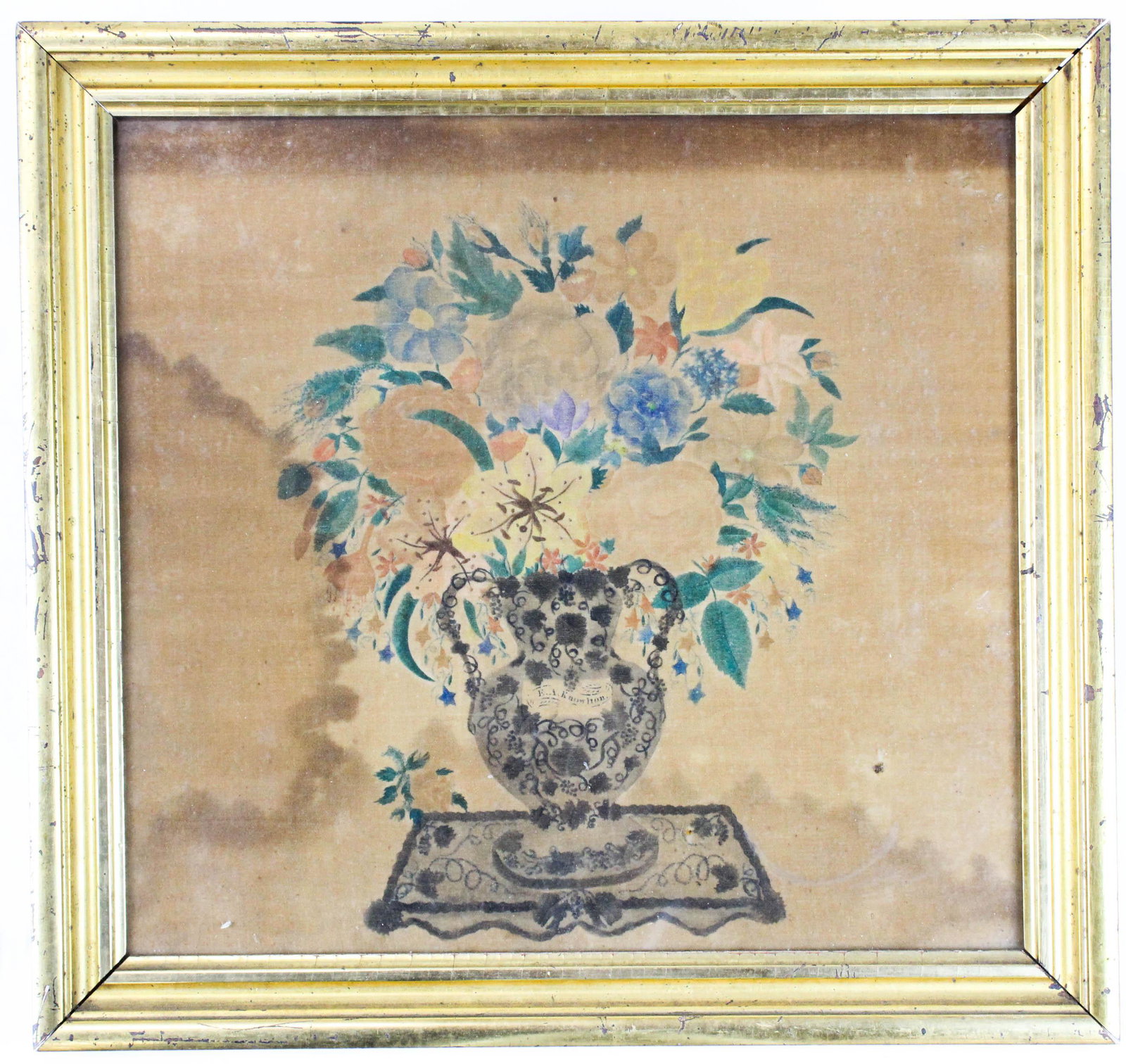 19th c F A Knowlton Floral Theorem on Velvet: 19th c floral theorem on velvet signed F A Knowlton, in bright lemon gilt frame, overall size 17 1/4" x 18 1/4', some darkening, water staining