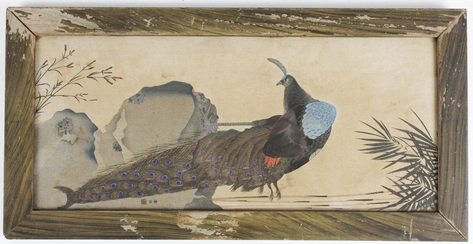 19th c Japanese Ukiyo-E Woodblock of Peacock: 19th c Japanese Ukiyo-E hand colored woodblock on laid paper of a peafowl, red censor seal & artist signature, 14 1/4" x 6 1/4"