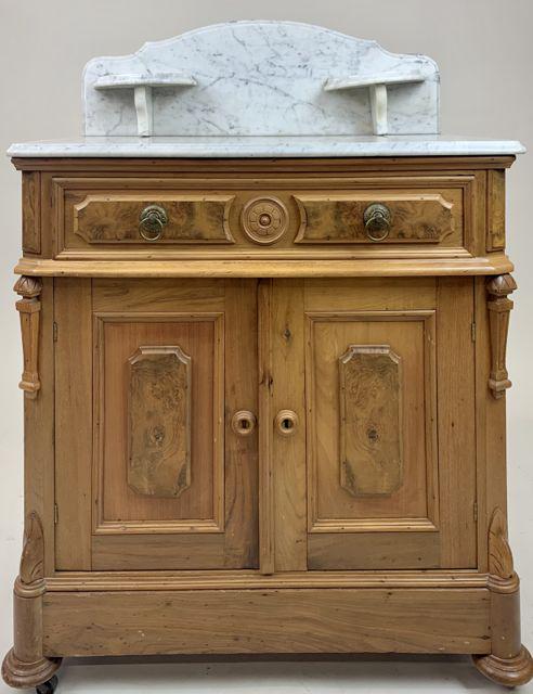 Victorian burl walnut marble top commode: Victorian walnut and burl walnut marble top commode. Good overall condition.