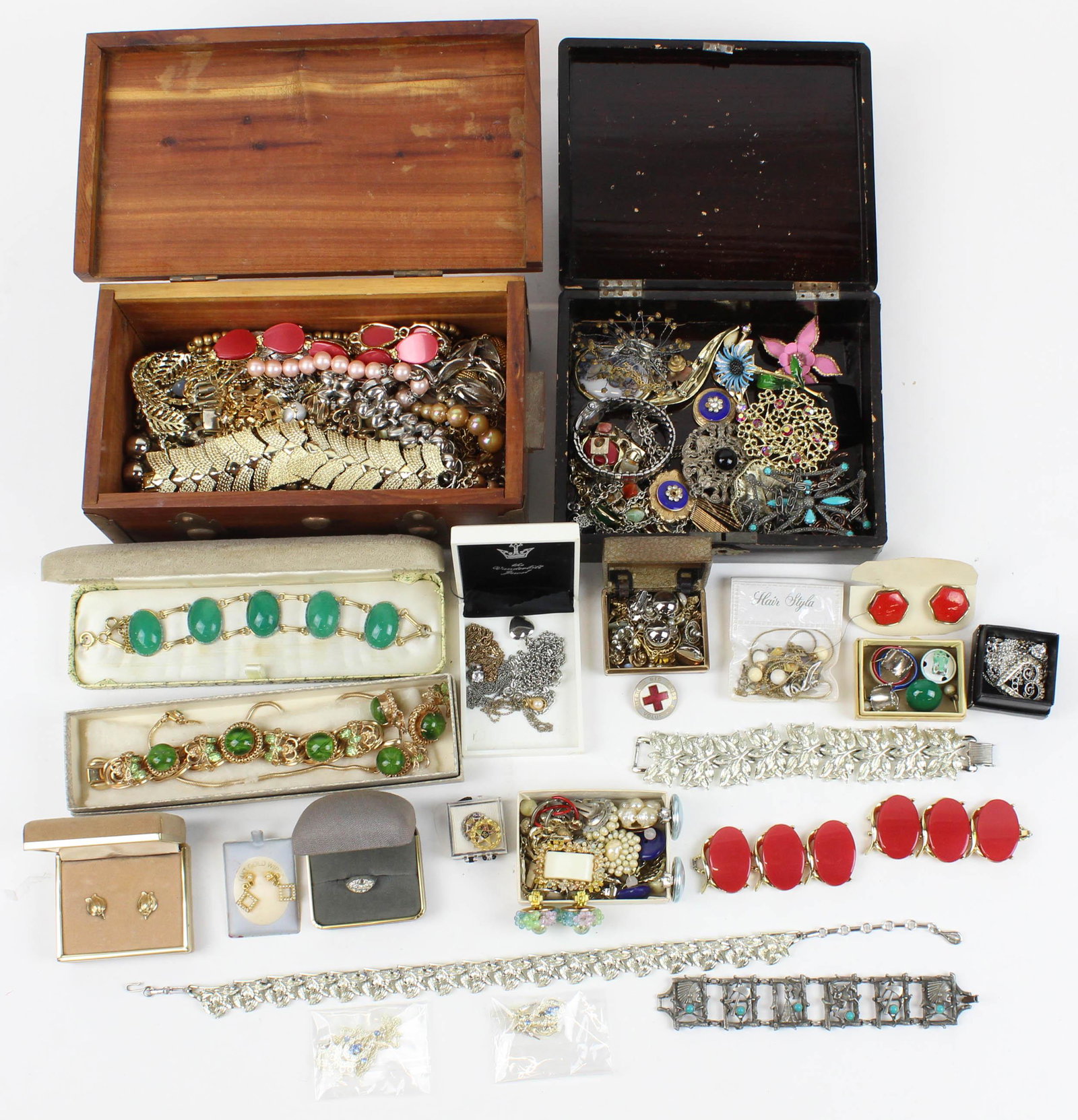 Lot of Vintage Mid 20th c. Costume Jewelry: Lot of vintage 1940's-1960's costume jewelry including rhinestone necklaces and bracelets, earrings, brooches, pins, chains, fraternal jewelry, etc.