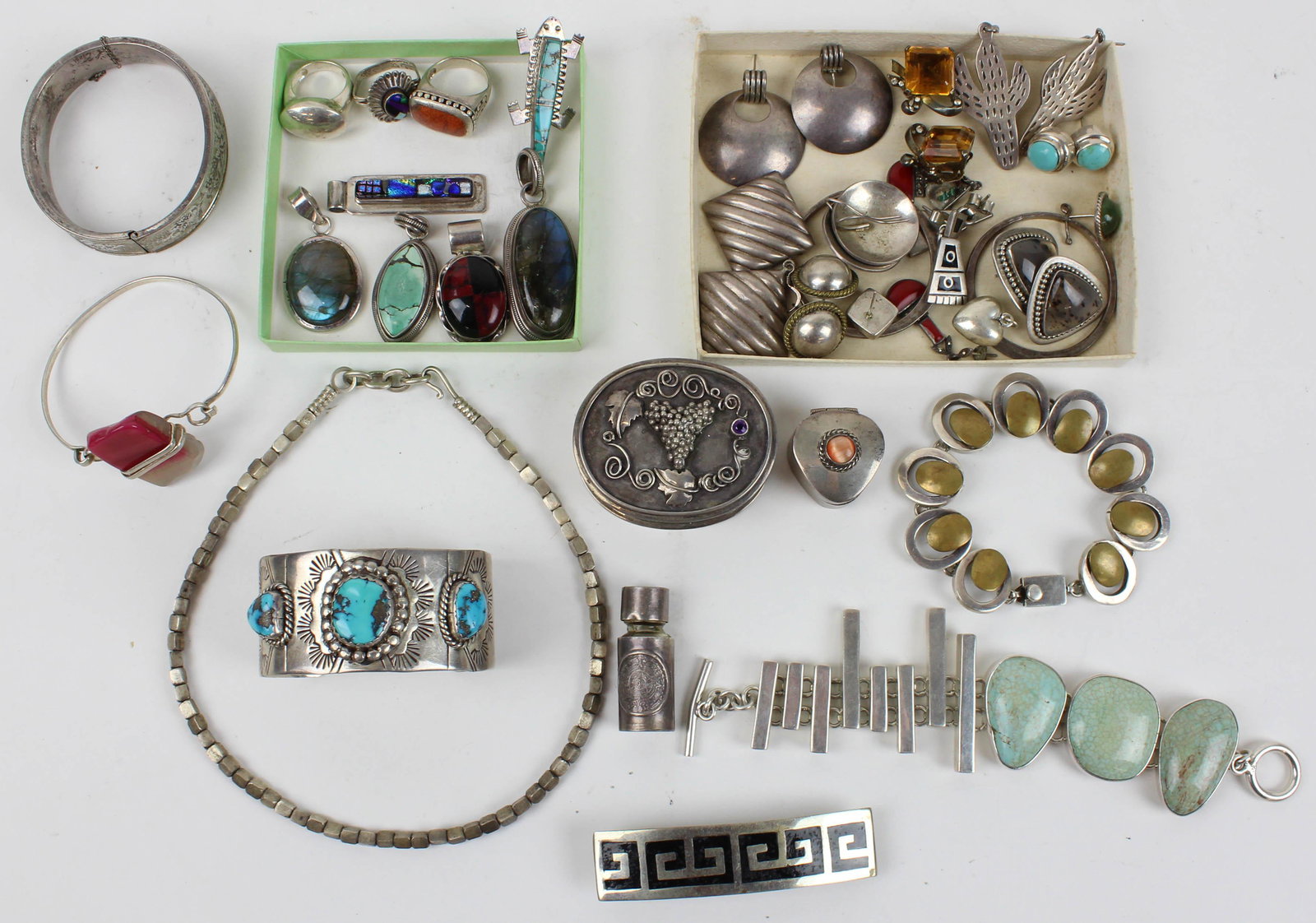 Sterling Jewelry including Southwest and Mexican: Excellent group of sterling silver jewelry including rings, pendants, bracelets, earrings, Southwest turquoise inset cuff, pill boxes, etc.