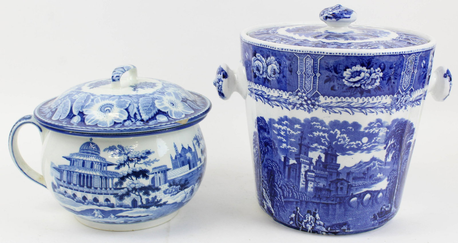 19th c. Pearlware Chamber Pot and Blue Pail: Early 19th c. blue scenic transfer decorated Pearlware chamber pot, accompanied by a later Cauldon flow blue slop jar -chamber pot lid with chips and losses 9" x 10.5", 12" x 12.5'