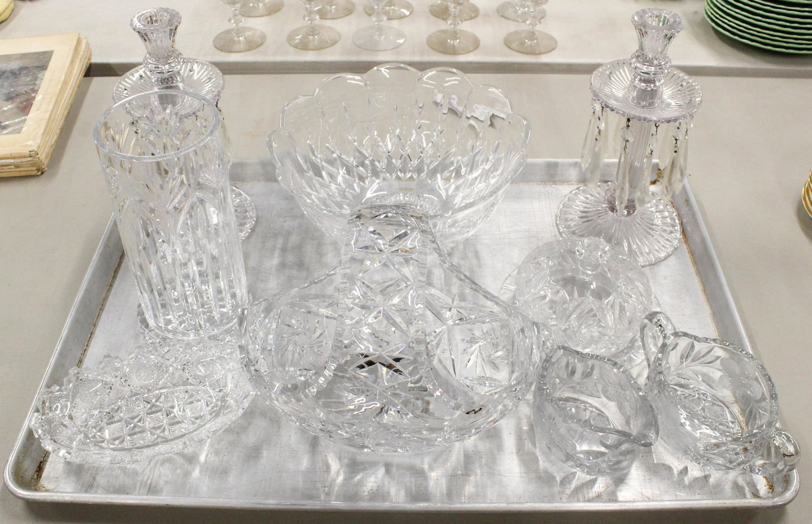 Cut Glass, Lead Crystal, and Elegant Glassware: Lot of glass tableware including lead crystal items, American Brilliant Period Cut Glass dish, and a pair of Heisey "Ridgeleigh" pattern Elegant Depression-era prismed mantel lustre candlesticks, etc.