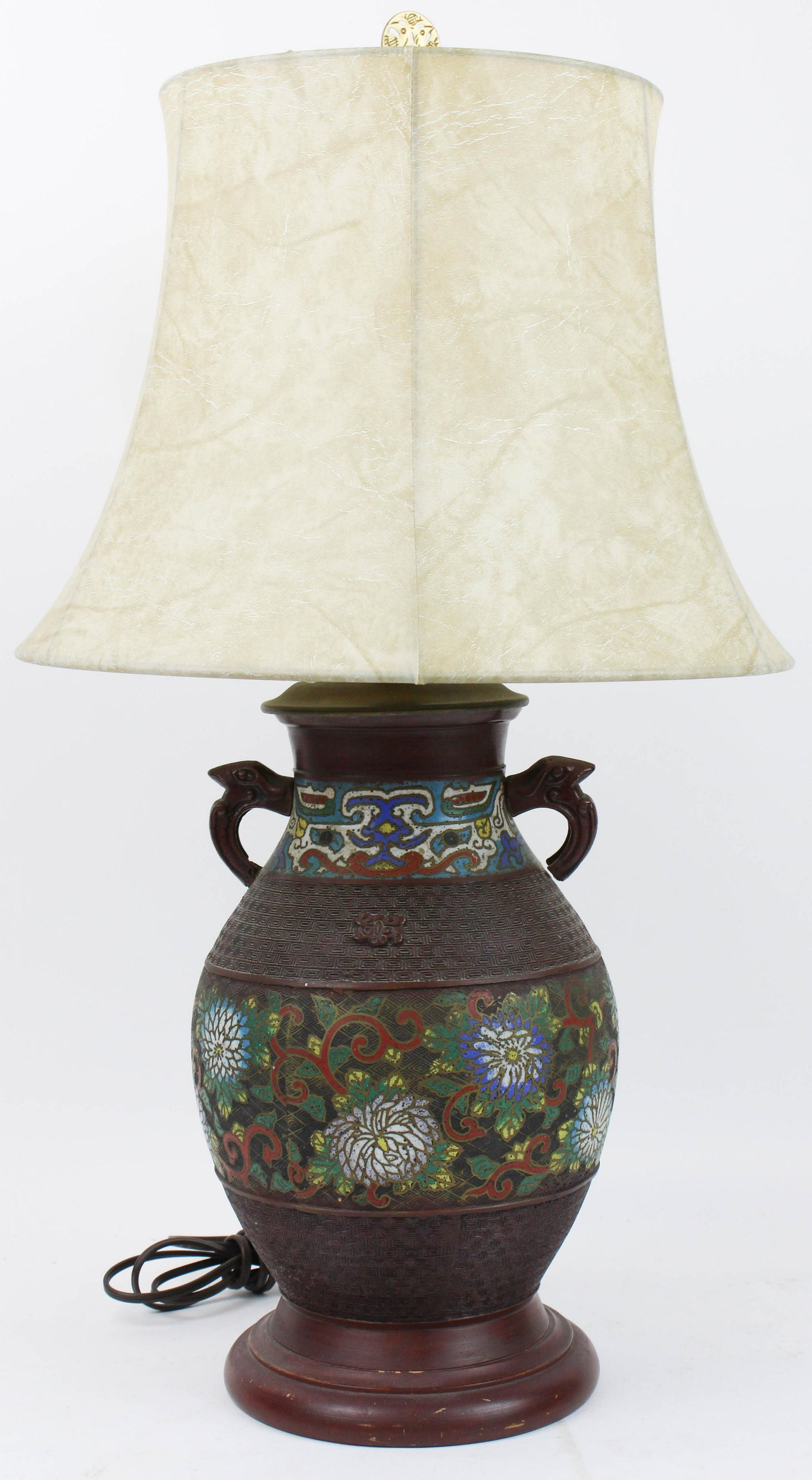 Chinese Champleve Table Lamp: Mid 20th c Chinese champleve table lamp, overall ht 25"