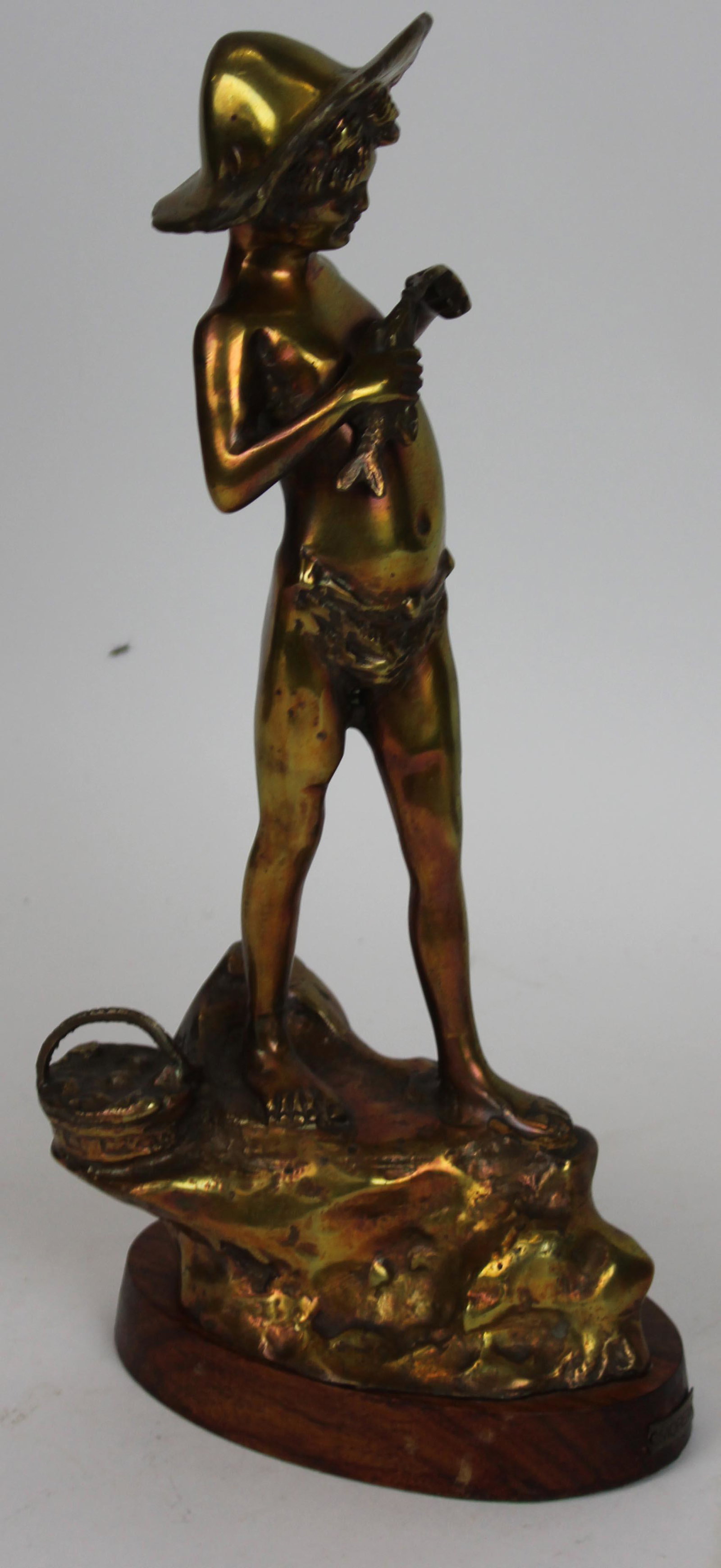 After Ernest Rancoulet Bronze Figure: After Ernest Rancoulet (1870-1915) bronze sculpture of a boy fishing, ht 14 3/4", mounted on a wooden base, overall ht 15 1/2"