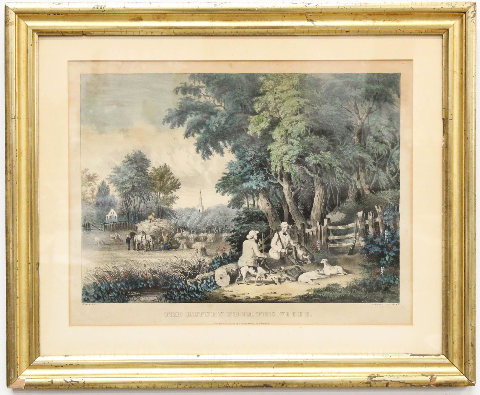 Currier & Ives The Return from the Woods: Original Currier & Ives hand colored lithograph "The Return from the Woods", matted in frame, sight 14" x 16 1/2", in period lemon gold frame, overall size 18 1/2' x 22 1/2"