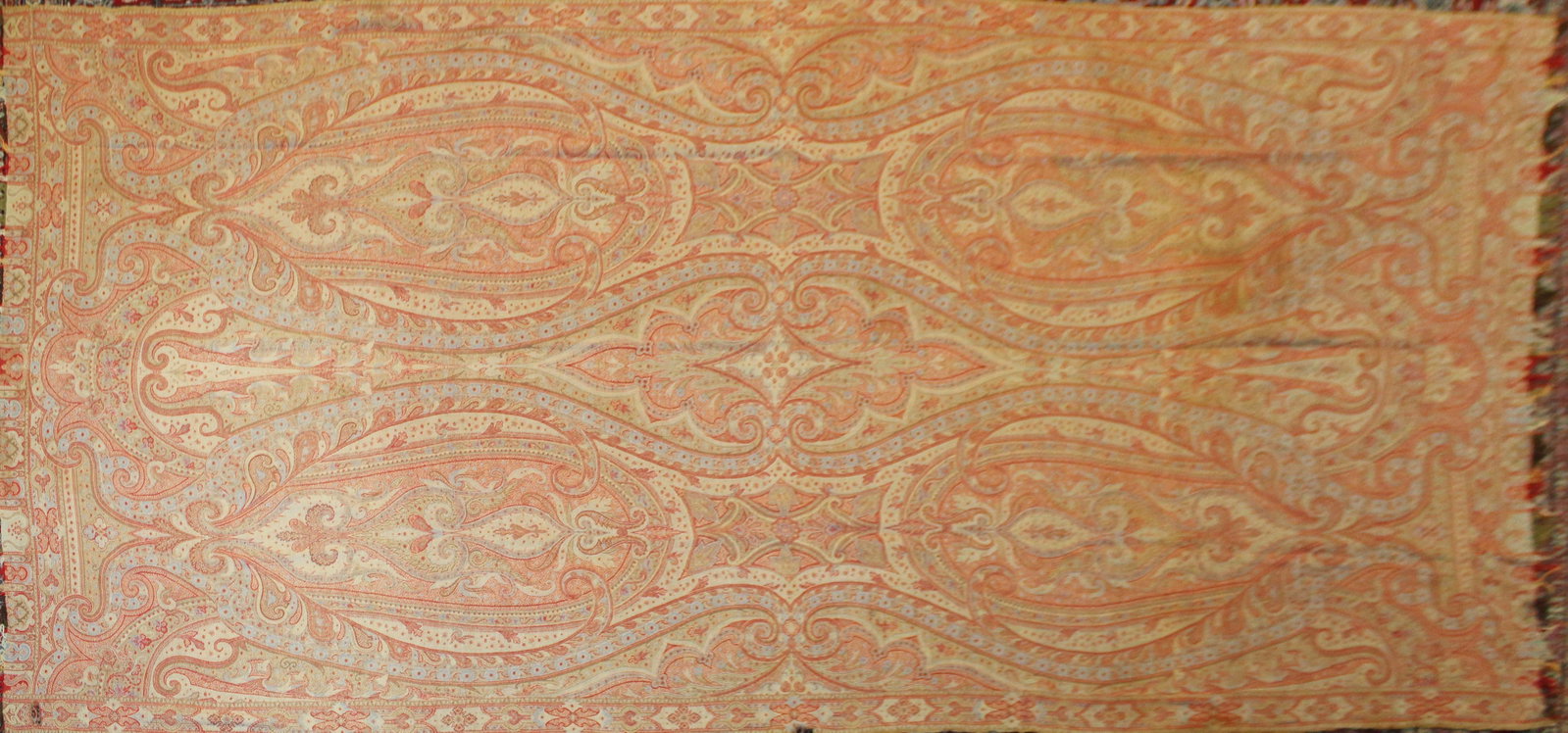 Late 19th c Paisley Piano Cover: Late 19th c paisley piano cover, 5' x 10' 7", slight tear, slight spot of edge damage