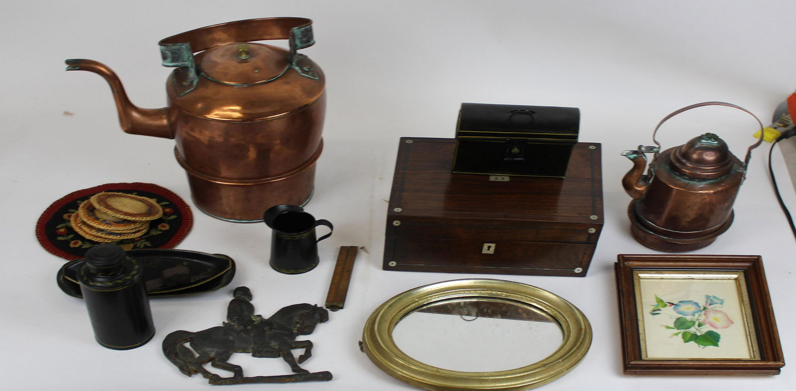 Early Copper, Tin, Inlaid Box, Cast Iron Plaque: Early copper & tinware, brass bed warmer, mahogany box, cast iron plaque, etc.