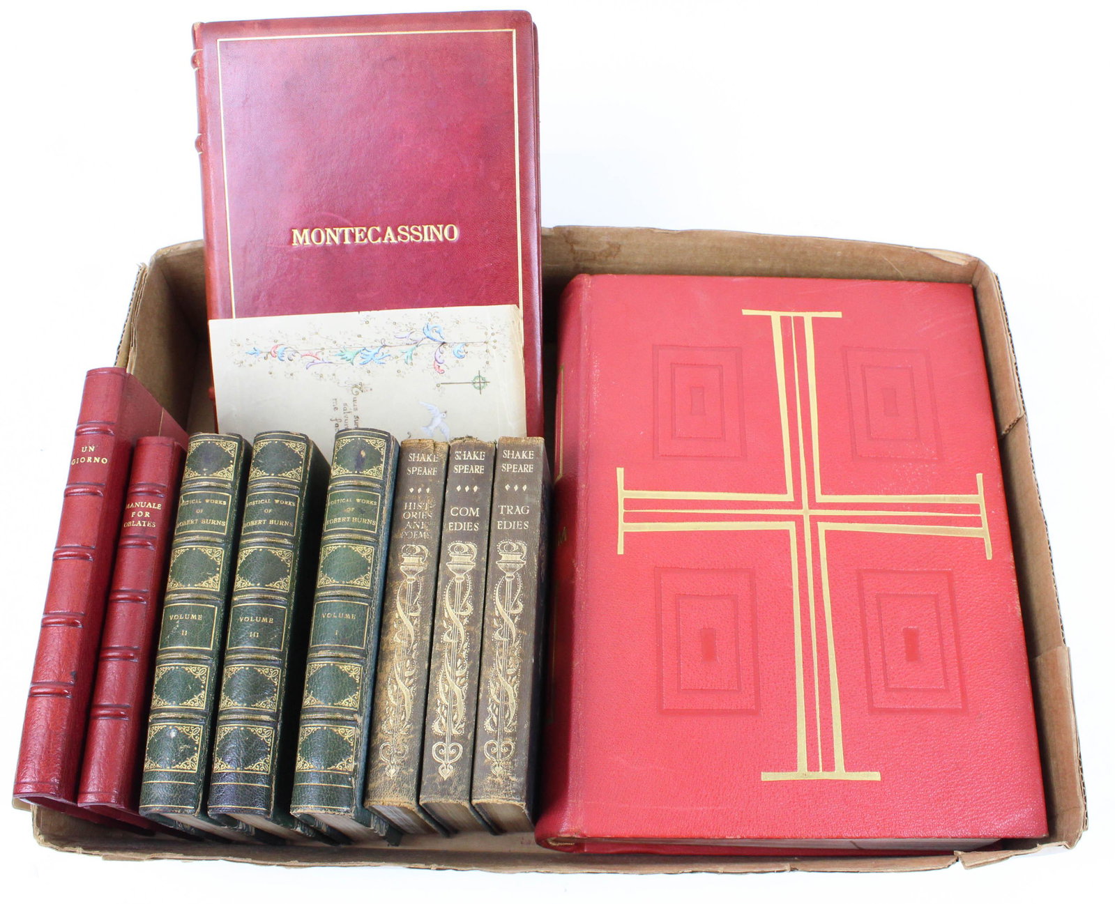 Leather Bound Hardcover Books: Leather bound hardcover books including Catholic titles, including author inscribed 1956 Leccisotti "Montecassino"