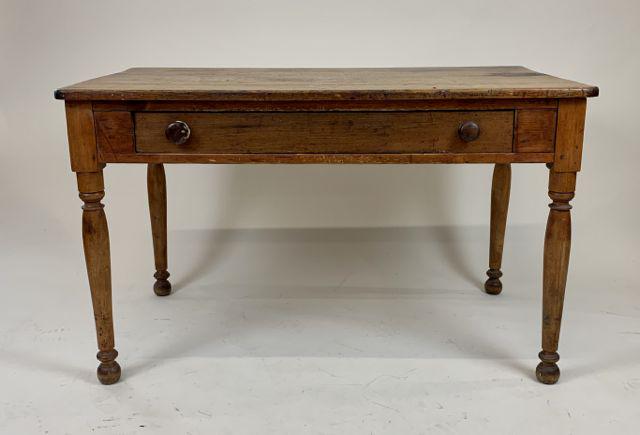 4 ft. long 19th c work table.: 19th c country pine work table. 48" long 28" deep. Single drawer, turned legs.