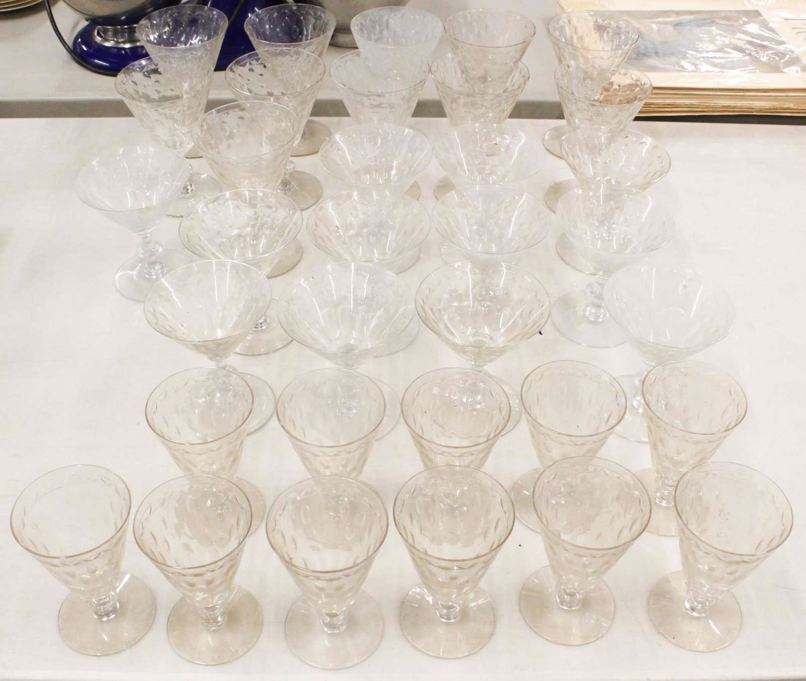 34 pcs. Elegant Depression Era Wheel Cut Stemware: 34 pcs. Elegant Depression Era Wheel Cut stemware including dessert wines and cocktail glasses