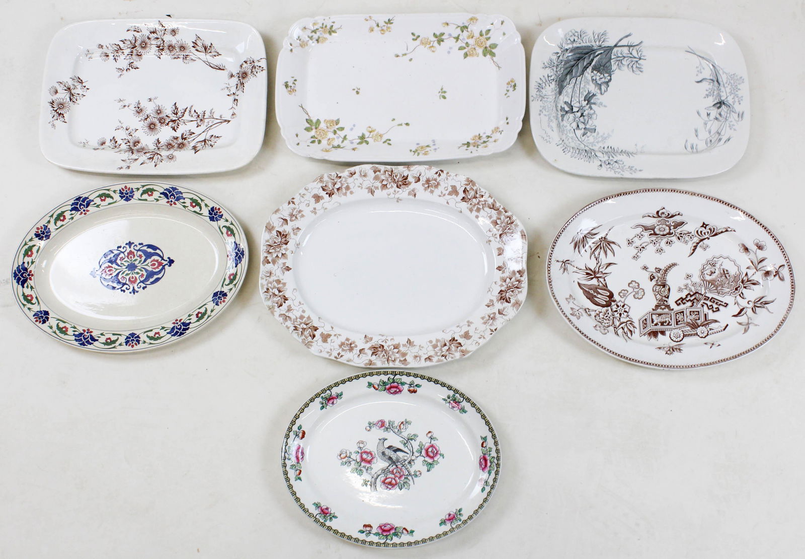 7 Ironstone Porcelain Serving Platters: Lot of 7 Ironstone Porcelain Serving Platters including Whieldon Ware Pheasant, Villeroy & Boch (check in rim), Aesthetic Movement and transferware