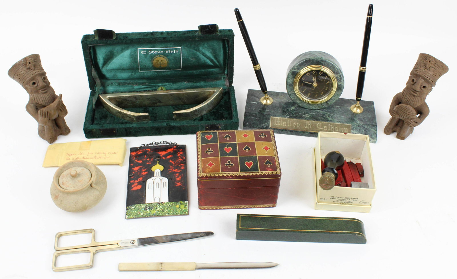 Steve Klein Menorah, Pottery, Desk Items: Steve Klein silver plated Menorah in fitted case, length 8 1/2", green marble desk set, playing cards box, seals with Clan Calhoun crest, Ancient Near Eastern vessel with lid (damaged),