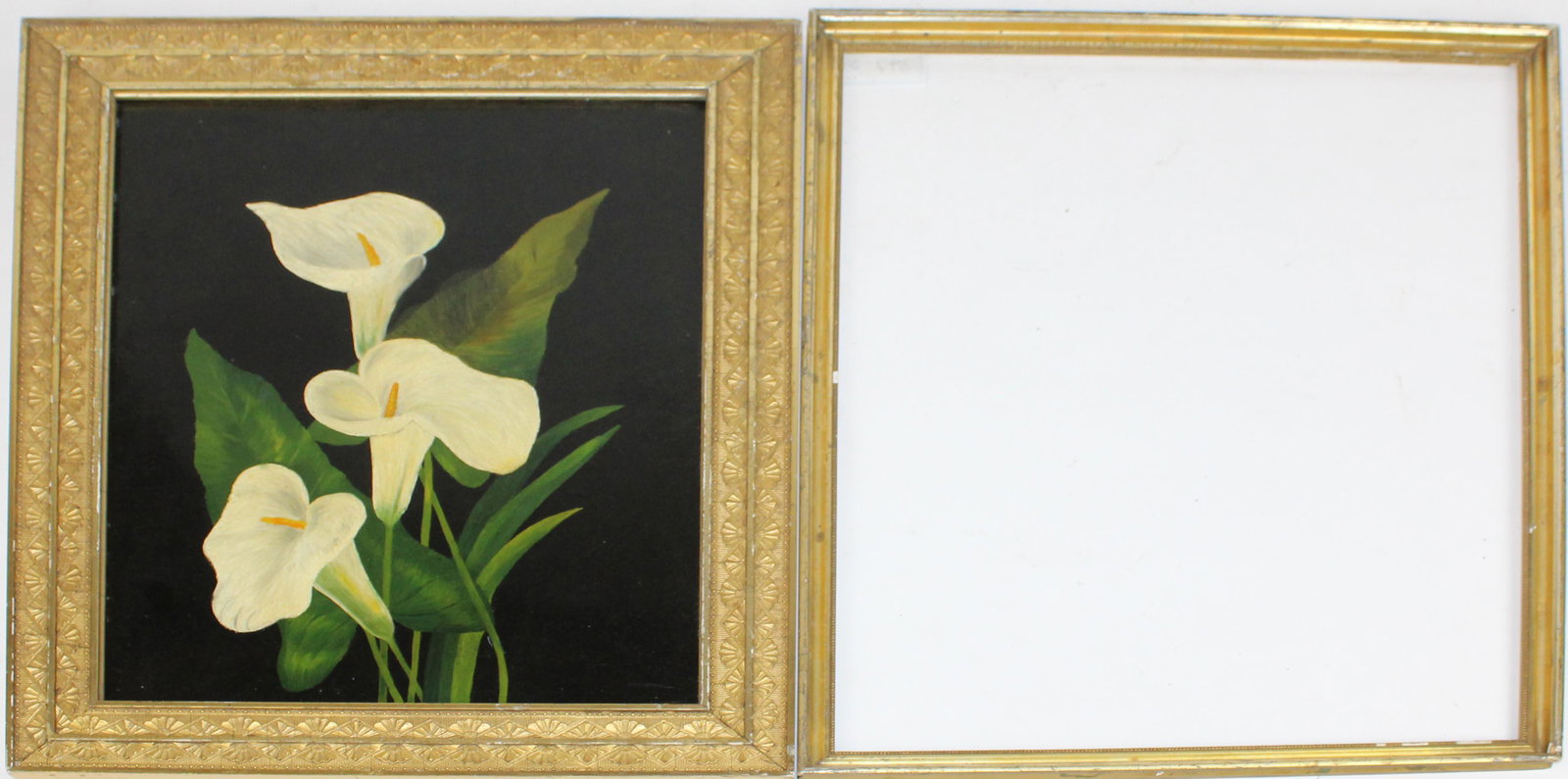 Victorian Floral Oil Painting, Lemon Gilt Frame: 4 Grasso Catania terracotta figural groups (one damaged, lengths 4" to 6", hts 4" to 7"