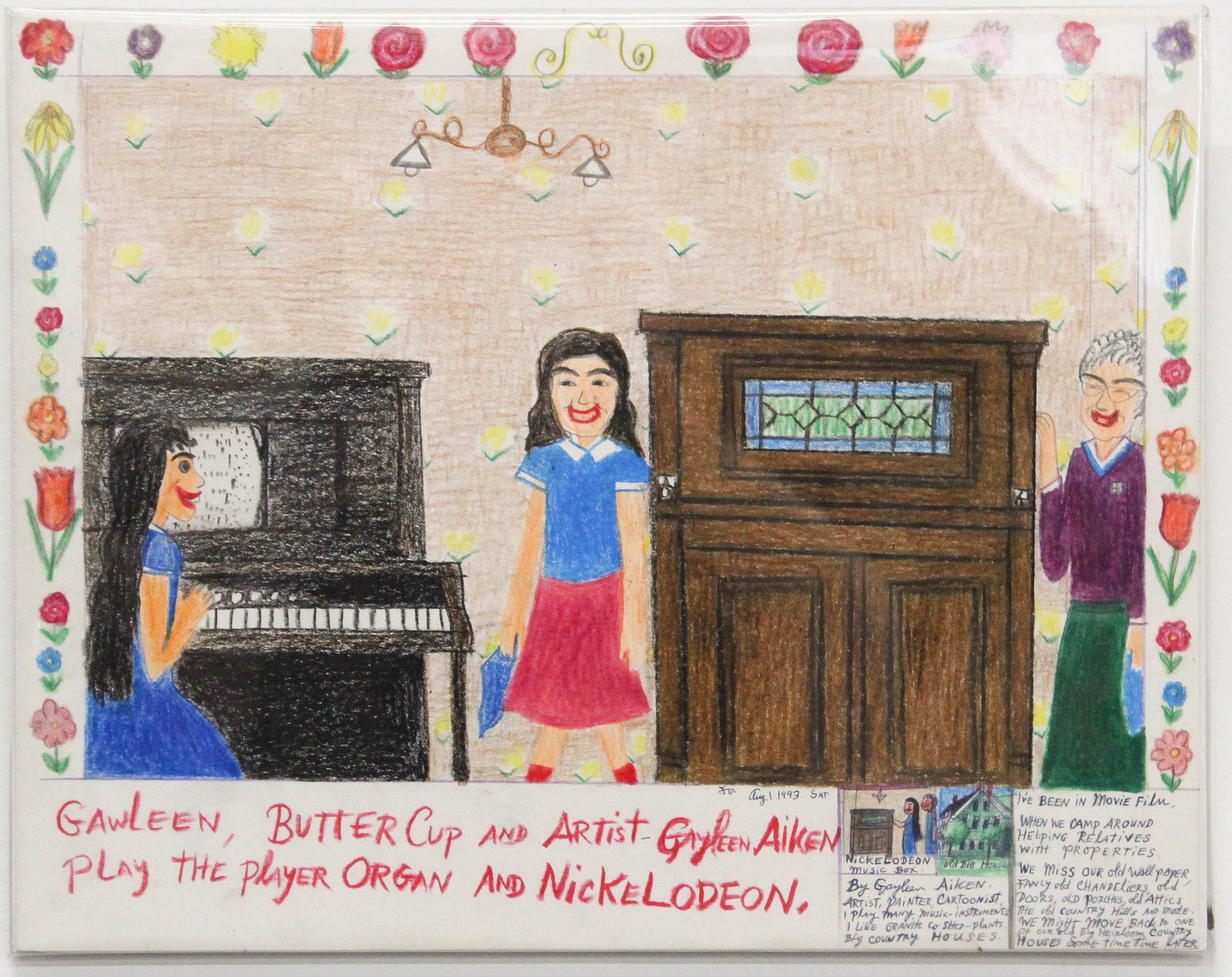 Gayleen Aiken (VT 1934-2005): Gayleen Aiken(VT 1934-2005) Outsider artist. Crayon and pen on paper. "Gawleen, Butter cup, and Artist Gayleen Aiken play the player organ and nickelodeon". 14" x 11". Mounted it acid free board. Othe