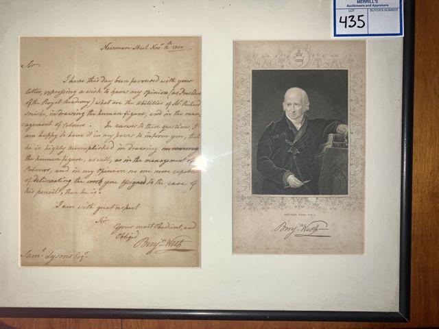 Letter by Benjamin West: A.L.S., Nov 12, 1800, from Benjamin West. In full: "Sir I have this day been favored with your letter, expressing a wish to know my opinion (as President of the Royal Academy) what are the abilities o