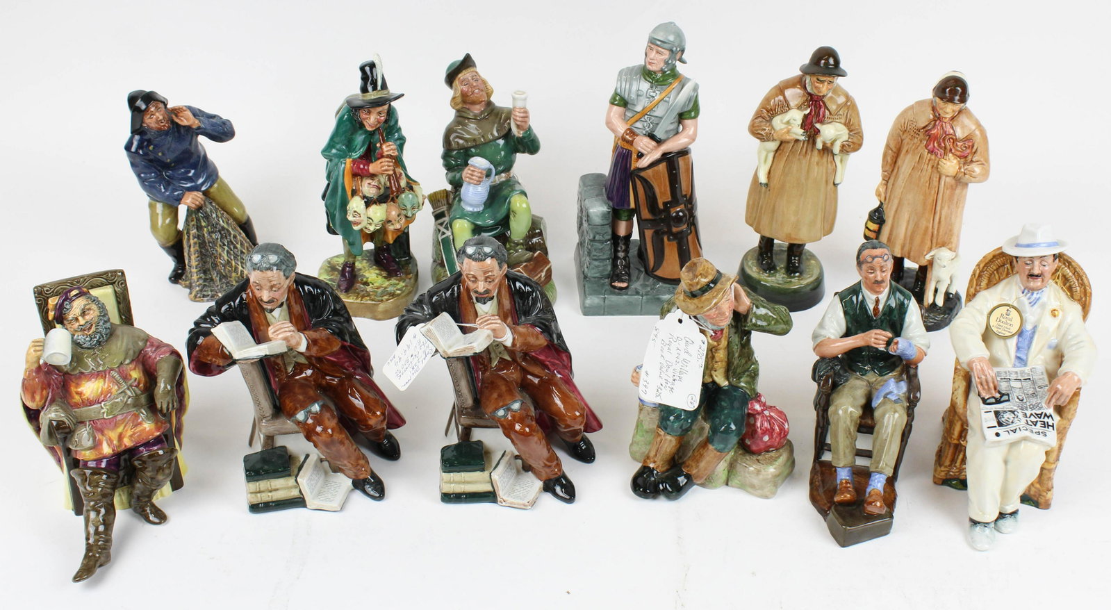 12 Royal Doulton Porcelain Character Figurines: 12 Royal Doulton English Porcelain Character Figurines including Owd William, The Professor, The Foaming Quart, Sea Harvest, The Mask Seller, Taking Things Easy, The Bachelor, The Shepherd, Lambing Ti
