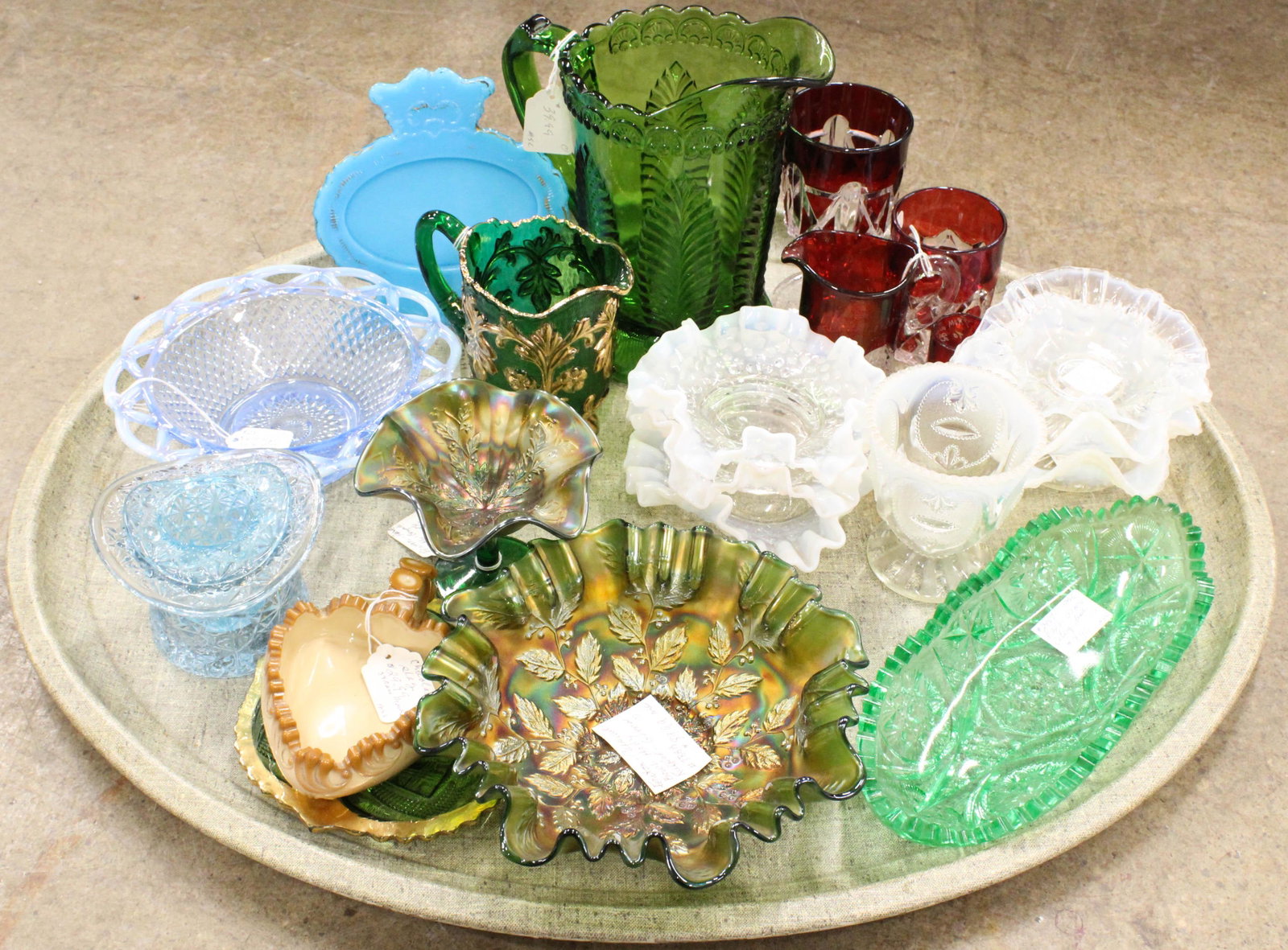Lot of Victorian Art Glass and EAPG Tableware: Lot of Victorian Art Glass and EAPG Tableware including Emerald fern pitcher, two green carnival glass ruffled dishes, 6 opalescent ruffled berry dishes, 4 ruby flashed pieces, blue milk glass picture