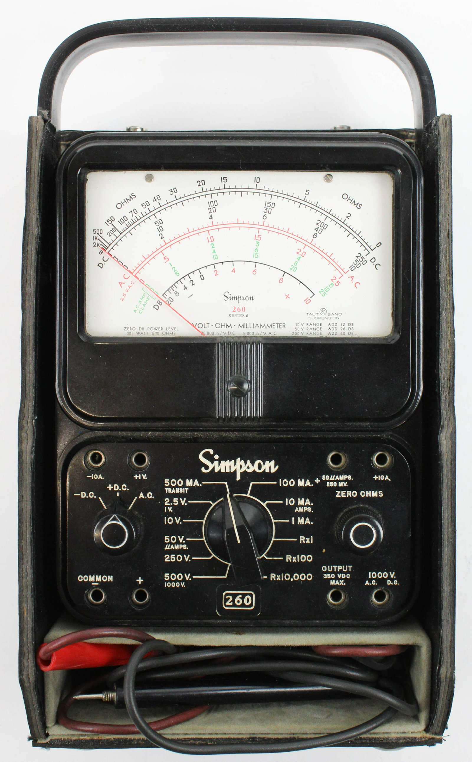Simpson 260 Series 6 Volt-Ohm-Milliammeter: Simpson 260 Series 6 analog volt-ohm-milliammeter, leather case, excellent condition, 9" x 6" x 4"
