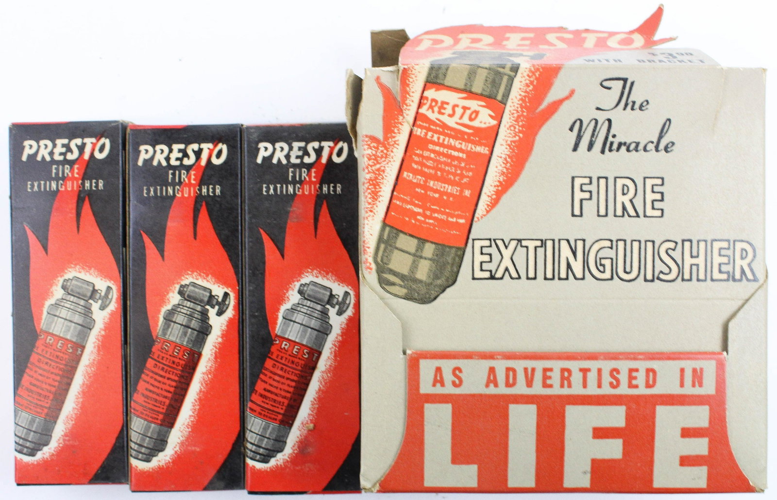 Case of 6 NOS Presto CB Fire Extinguishers: Case of 6 NOS (New Old Stock) Presto "CB" fire extinguishers, original packaging, used in motorcycles including Harley Davidson, length 6"