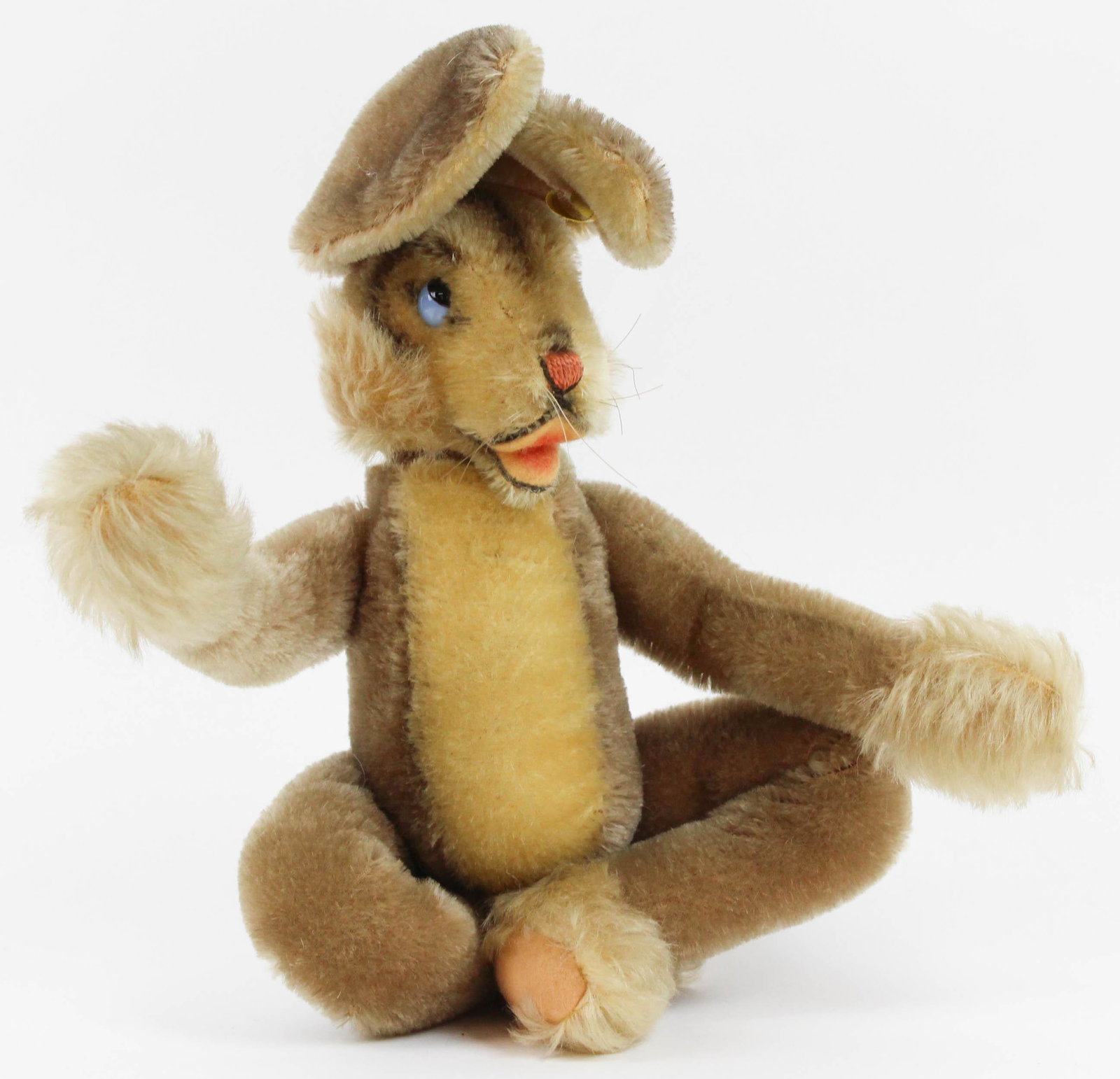 1960 Steiff Lulac Toy Rabbit with Button, Flag: Ca 1960 German Steiff "Lulac" toy rabbit with button, flag, ht 14"