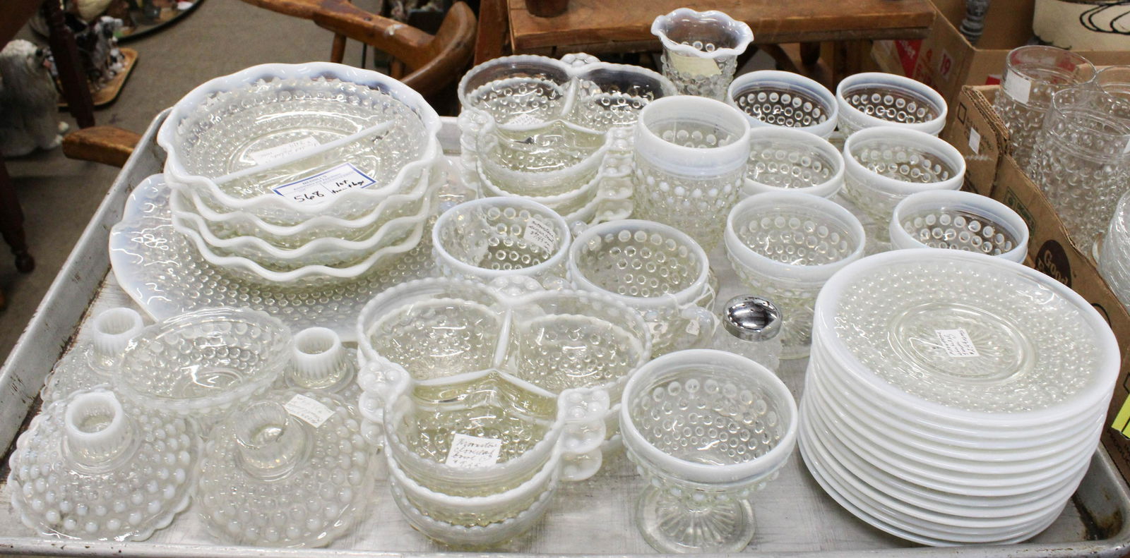 84 pcs. Moonstone and Hobnail Glass Tableware: Lot of Glass Tableware including 41 pcs. Anchor Hocking Moonstone opalescent, and 43 pcs. Clear Hobnail glassware, including divided dishes, vases, plates, etc.