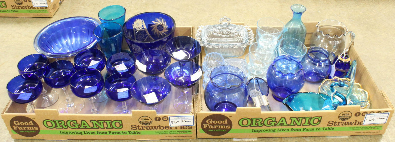 Large Lot of Cobalt and Assorted Blue Glassware: Large lot of cobalt and assorted blue glassware including Cambridge Caprice 5 pc. smoking set, Bohemian flashed cut to clear ice bucket, stemware, highball glasses, etc. 37 pcs.