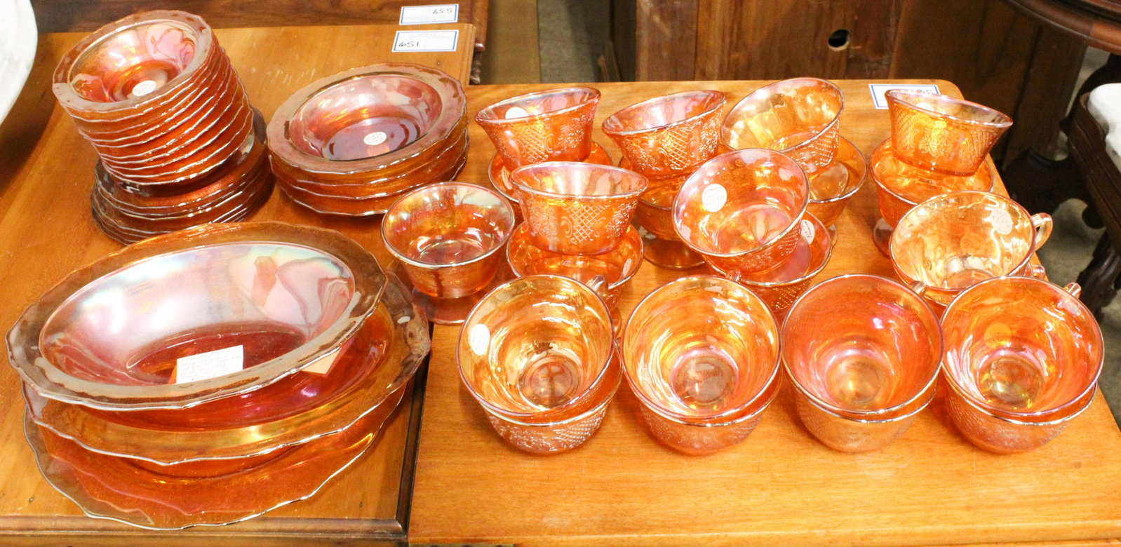 Set of 47 pcs. Federal Normandie Carnival Glass: Set of 47 pcs. Federal "Normandie" pattern bouquet and lattice motif marigold carnival glass tableware, including cups and saucers, sherbets, side bowls and dishes