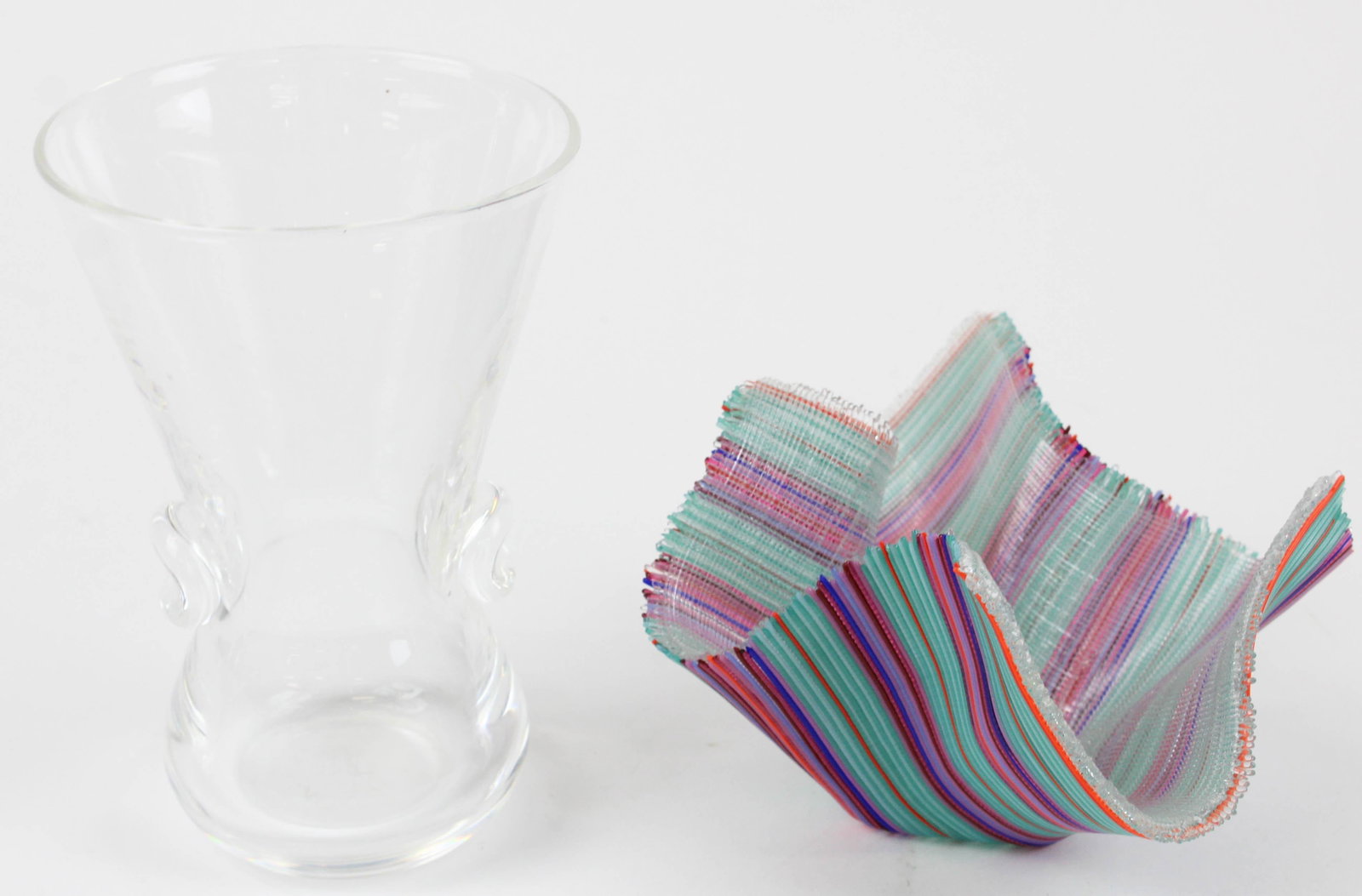 Steuben Glass Vase and Fused Art Glass dish: Signed Steuben Mid-Century blown inched hourglass form vase and Italian modern fused lattice art glass ruffled dish 6" x 4", 3.5"- 5"