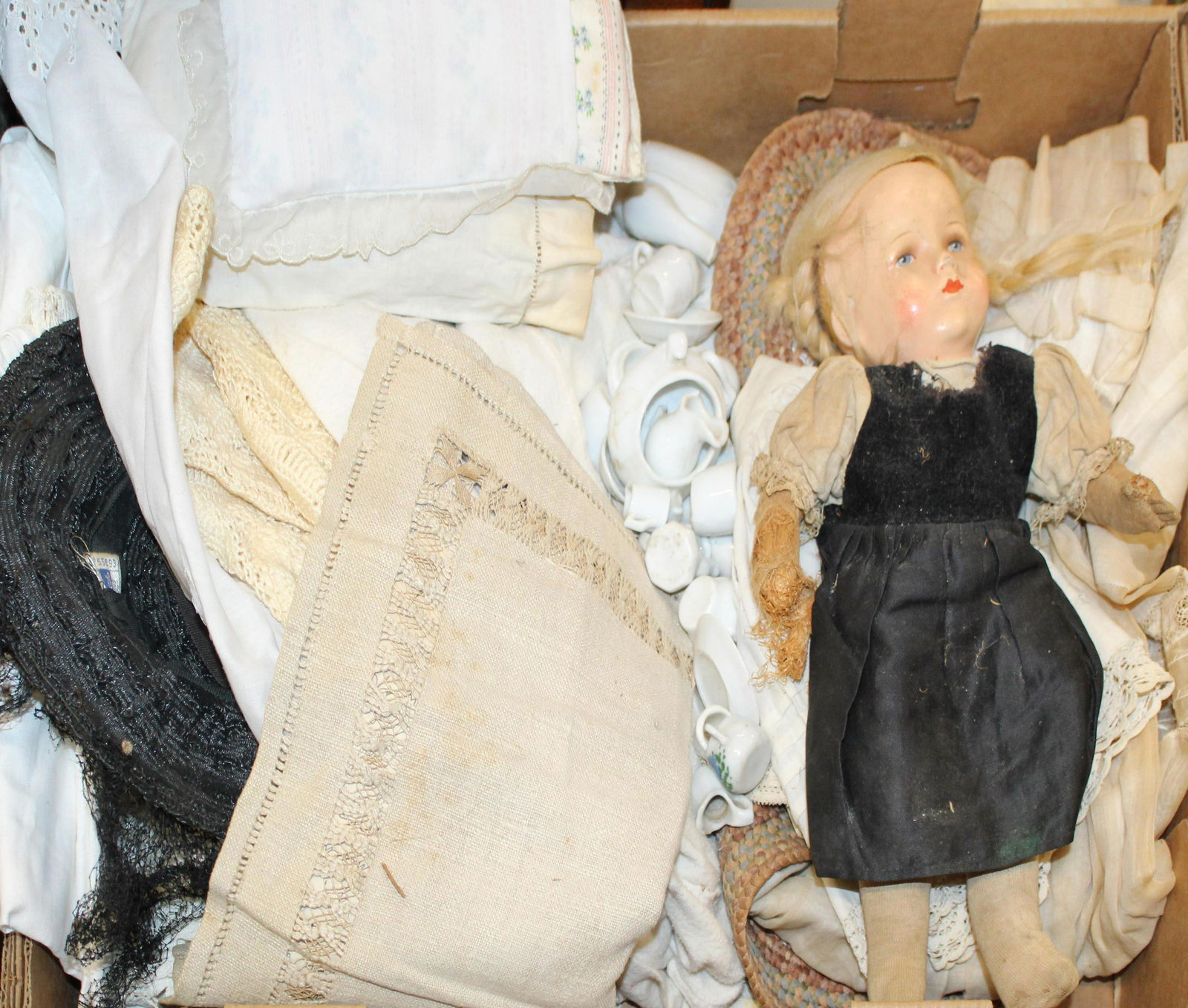 Lot including Doll, Shoes, etc: Children's lot including wrought iron clothing stand, doll's chest, ironstone doll china, pine rabbit, bulldog child's coat rack, German 19th c composition doll as found with losses, and some damage