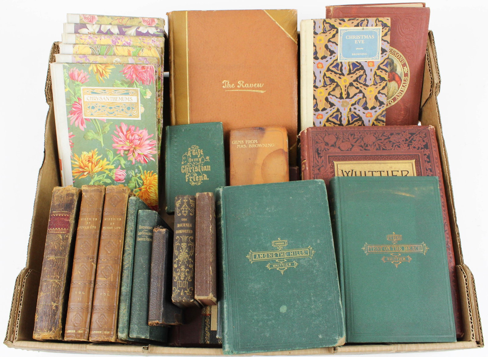 19th- early 20th c hardcover Books: 19th- early 20th c hardcover books including Edgar Allan Poe "The Raven", John Greenleaf Whittier "The Tent on the Beach", "Among the Hills", N Hudson Moore, Browning, etc