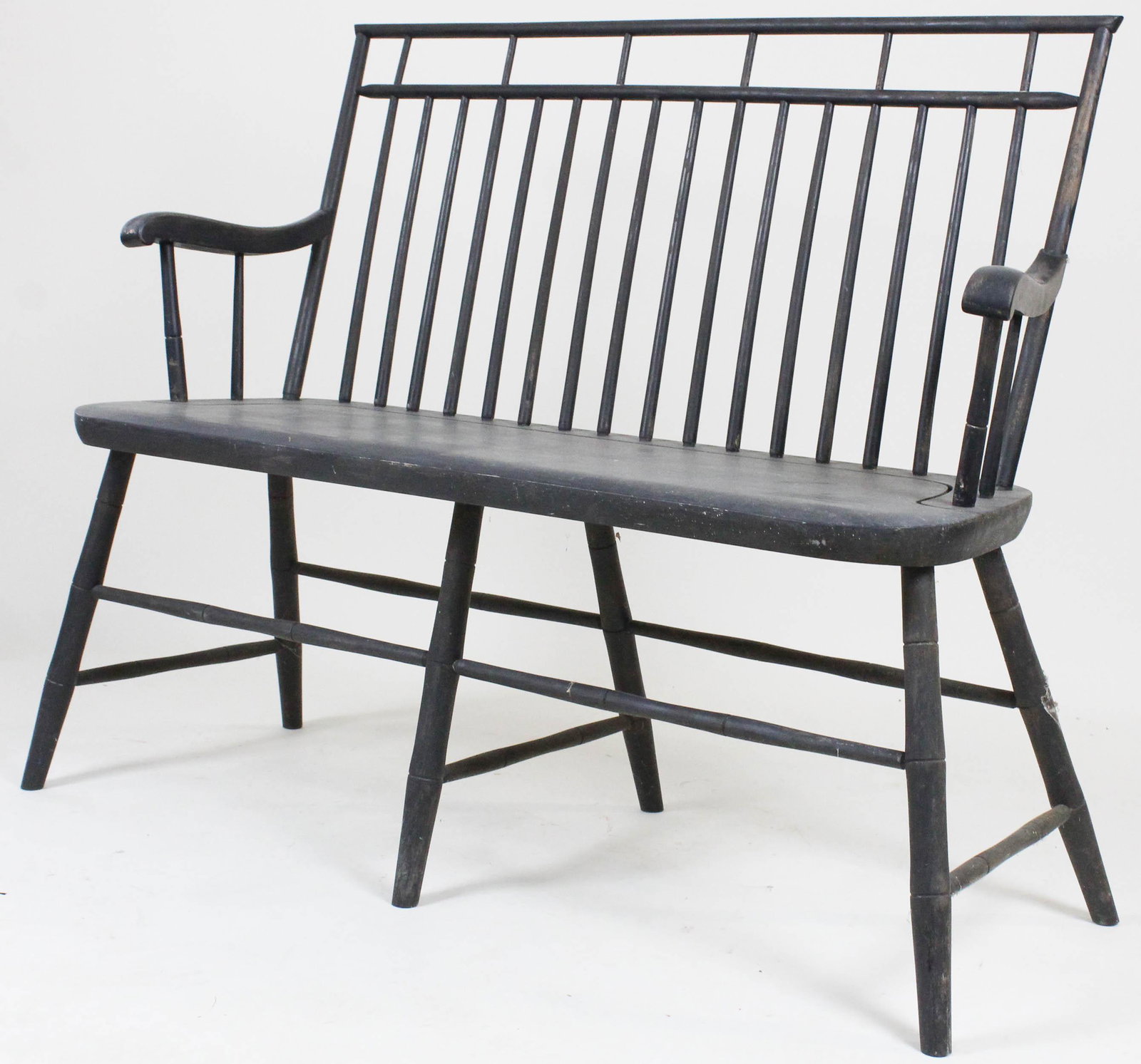 20th c Windsor birdcage settee.: 20th c birdcage Windsor settee in black paint. 44" wide