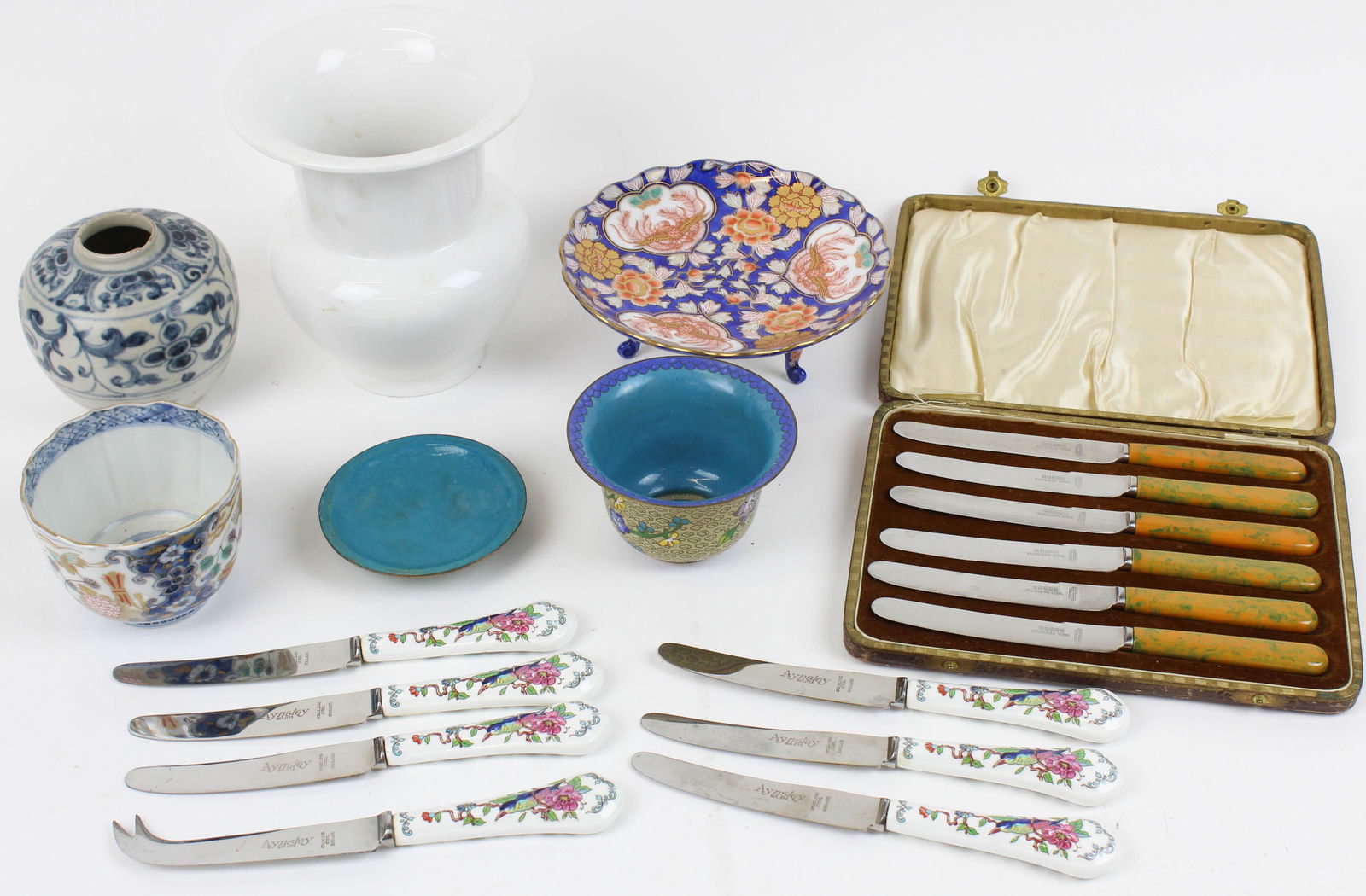 Japanese Porcelain, English Cutlery, Cloisonne: Lot of accessories including KPM scepter mark vase, Japanese Imari style cup with 4 character mark, small Asian blue and white porcelain jar, Japanese 3 footed porcelain dish, covered cloisonne cup, 7