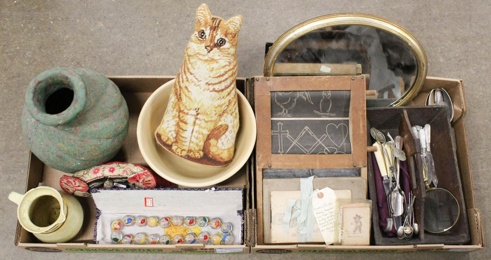 Lot of Country Smalls and Accessories: Lot of country smalls and accessories including yellowware banded mixing bowl, redware pitcher, pottery vase, gilt stand mirror, child's chalkboard, knife box carrier in old gray paint, needlepoint ca