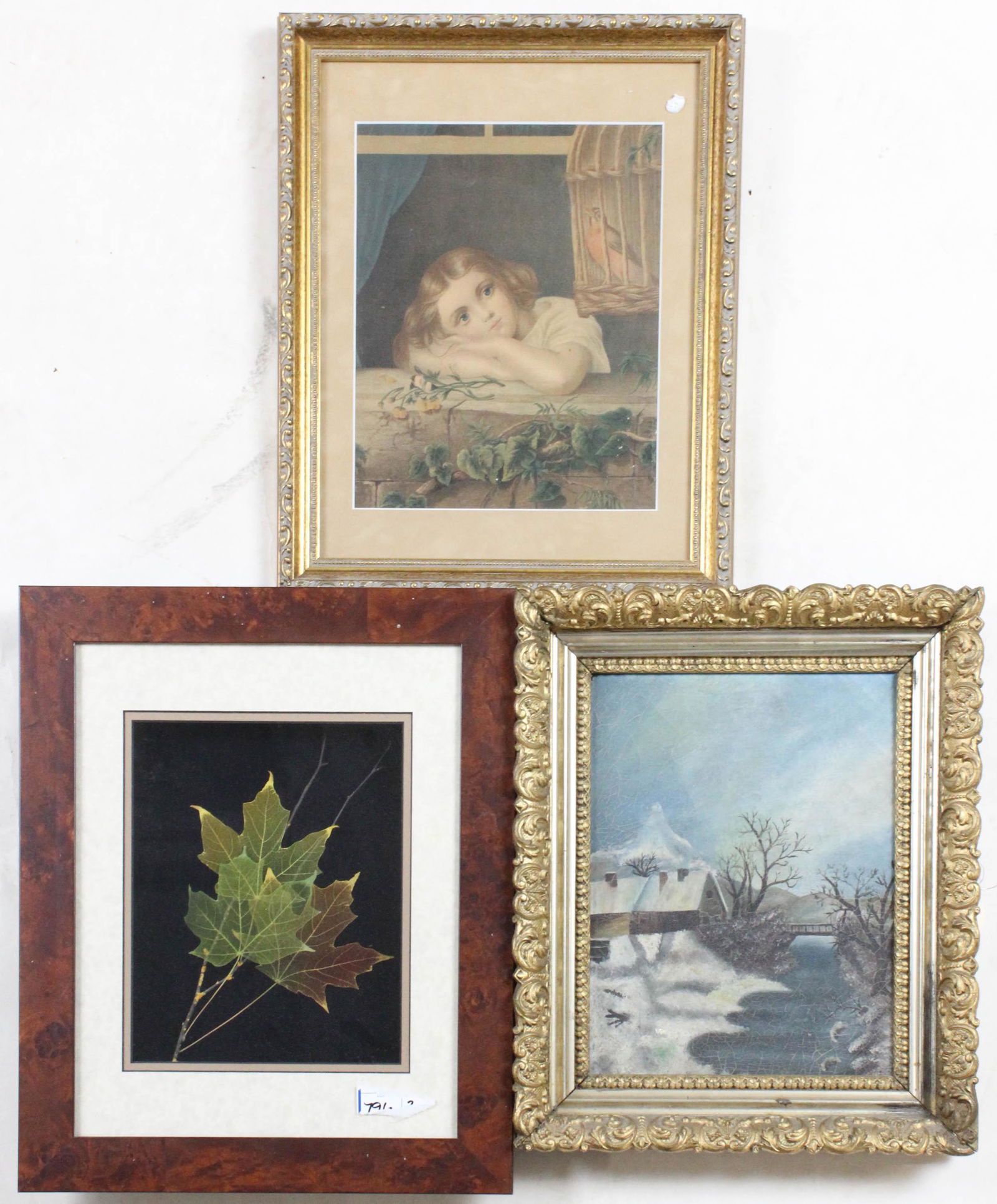 Victorian Winter Scene, Lithograph, and Shadow Box: 3 pcs. of framed art including Victorian oil on canvas primitive winter landscape in ornate gilt frame, lithograph of child with bird, and burl shadow box of preserved maple leaves approx. 17" x 14"
