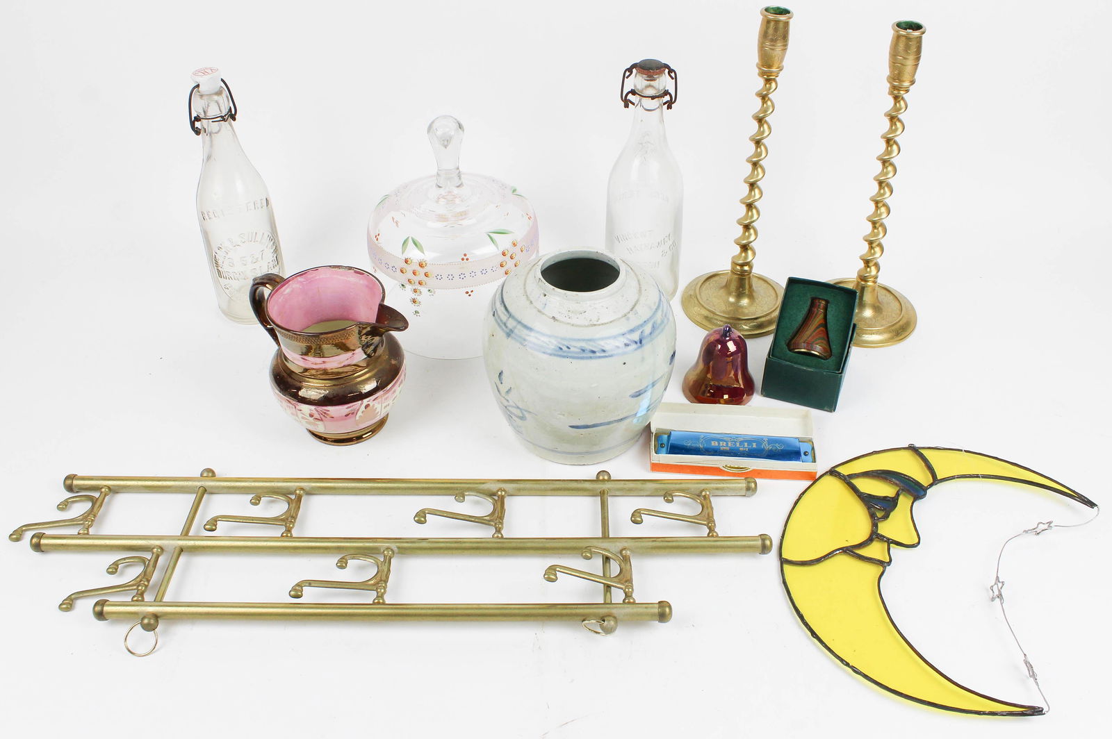 Lot of Country Smalls and Accessories: Lot of Country Smalls and Accessories including Chinese Blue and White Canton ginger jar, pair of brass barley twist stem candlesticks, copper lustre pitcher, enameled Bohemian glass cheese dome, two