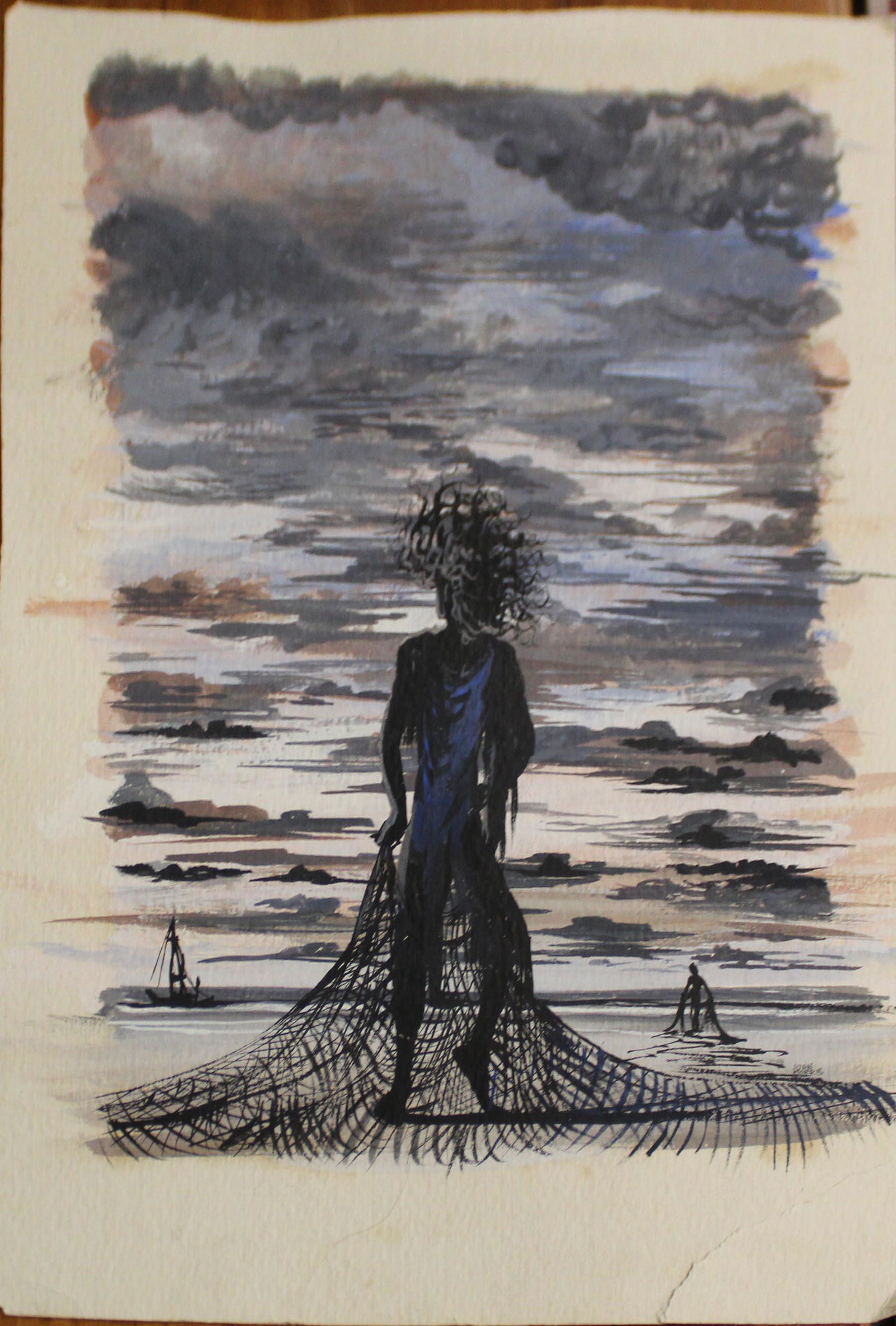 John Morris (1958-) Nets at twilight: John Morris (1958-) Watercolor and gouache on paper signed lower right with fishermen at twilight 9 x 12"