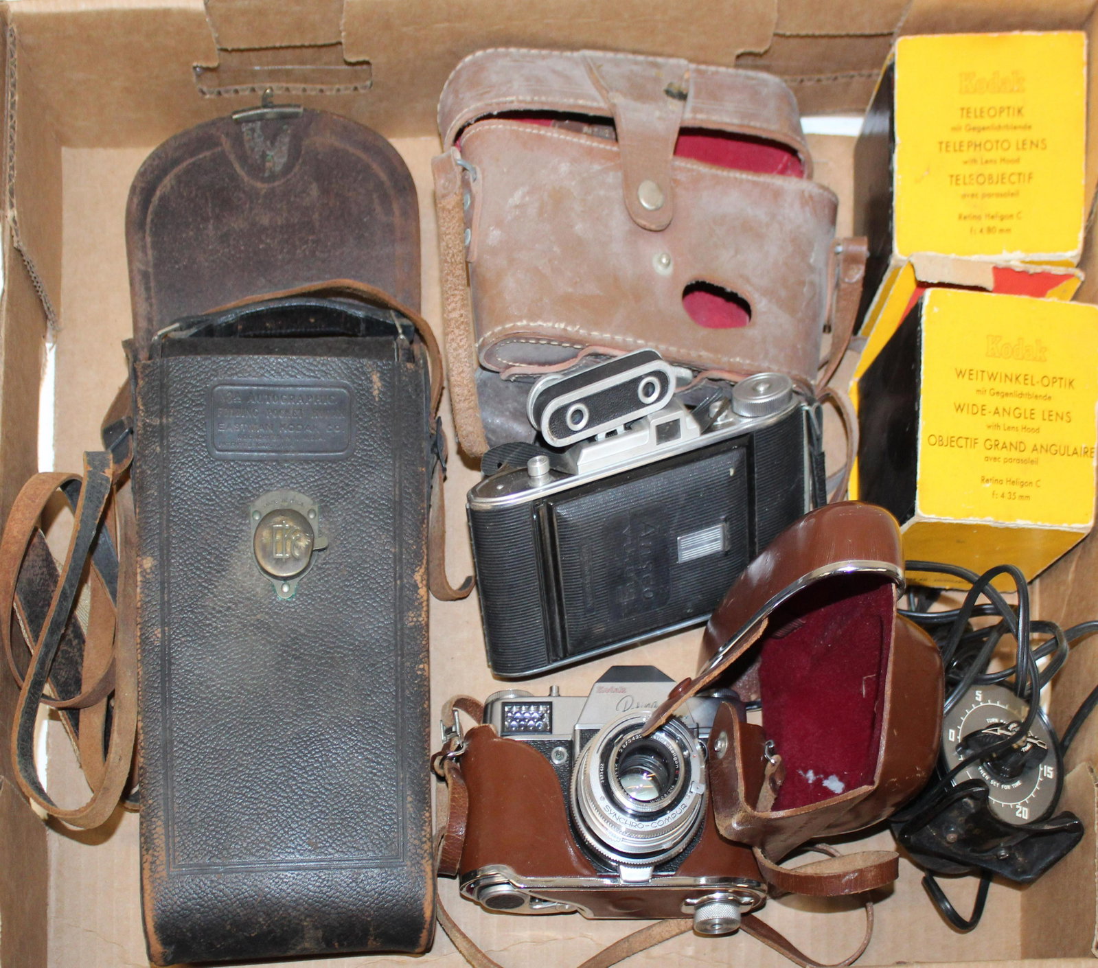 Kodak Retina w Lenses, Ansco Viking, Etc.: Kodak Retina reflex camera with extra lenses- telephoto f: 4/80 mm, wide angle f: 4/35 mm, Ansco Viking camera, Kodak Autographic 3A folding camera, timer