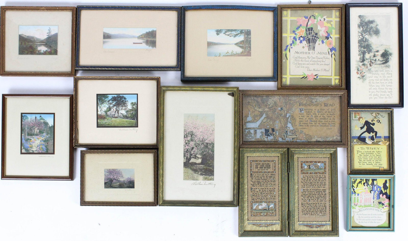 14 small ca. 1920 photos and mottos.: A group of 14 small framed photos and mottos including 3 Sawyers (Echo Lake, Lake Morey, & Lake Dunmore) , 4 Wallace Nuttings, and 7 motos. All in original frames.