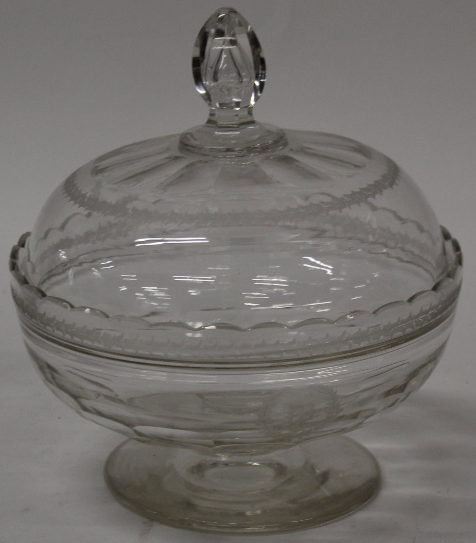 19th c. Anglo Irish Cut Glass Covered Compote: Fine 19th c. Anglo Irish-cut glass covered compote with paneled sides, hollow blown finial, and wheel etched decoration including cartouche with Gothic "W" monogram -small nick on rim of compote 11" x