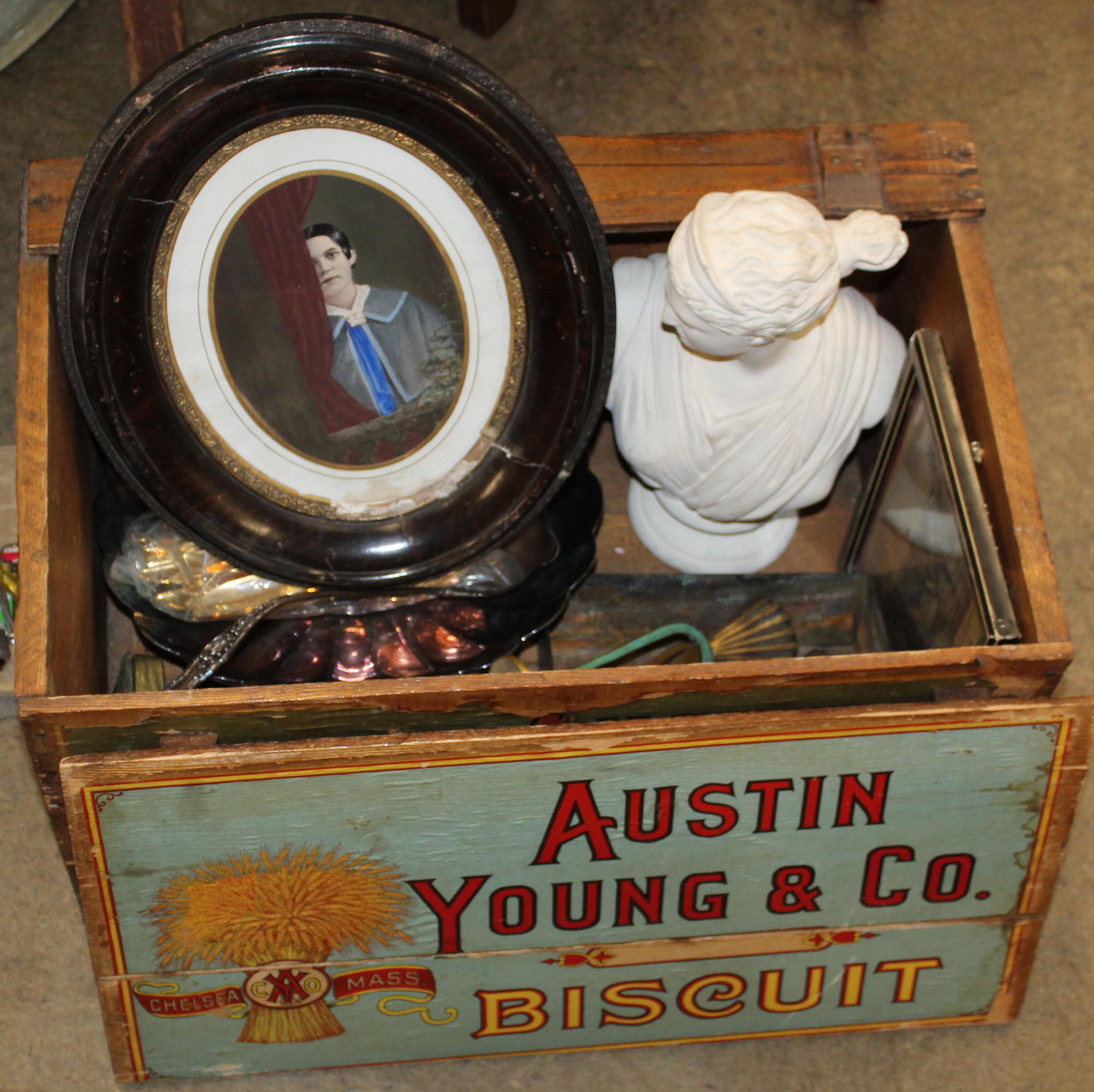 Assorted Small Accessories and Metalware: Assorted small accessories and metalware including classical female plaster bust, Victorian photo process portrait in oval frame, Austin, Young & Co. Biscuit Co. litho advertising crate, Oklahoma Pion