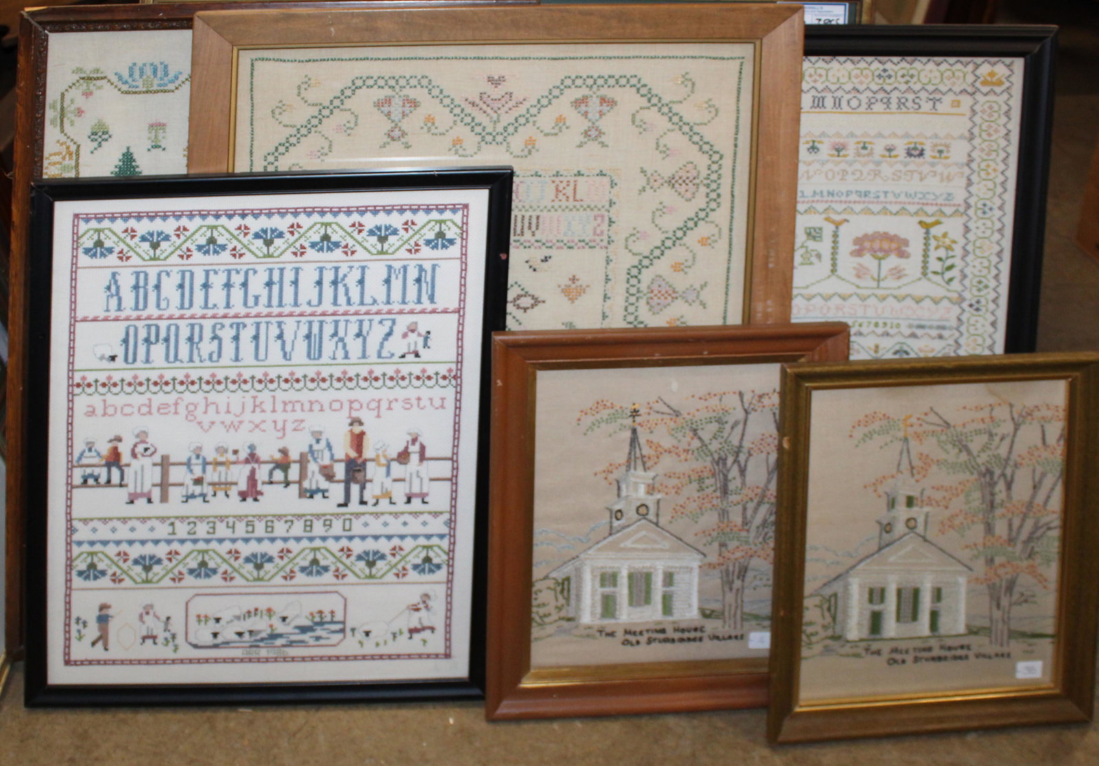 Circa 1980 needlepoint samplers: Six circa 1980 needlepoint samplers,