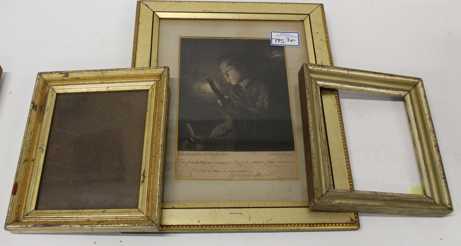 1751 Engraving After Schalcken, 2 Frames: 1751 engraving after Godfried Schalcken by Faber in lemon gilt frame, 2 other lemon gilt frames