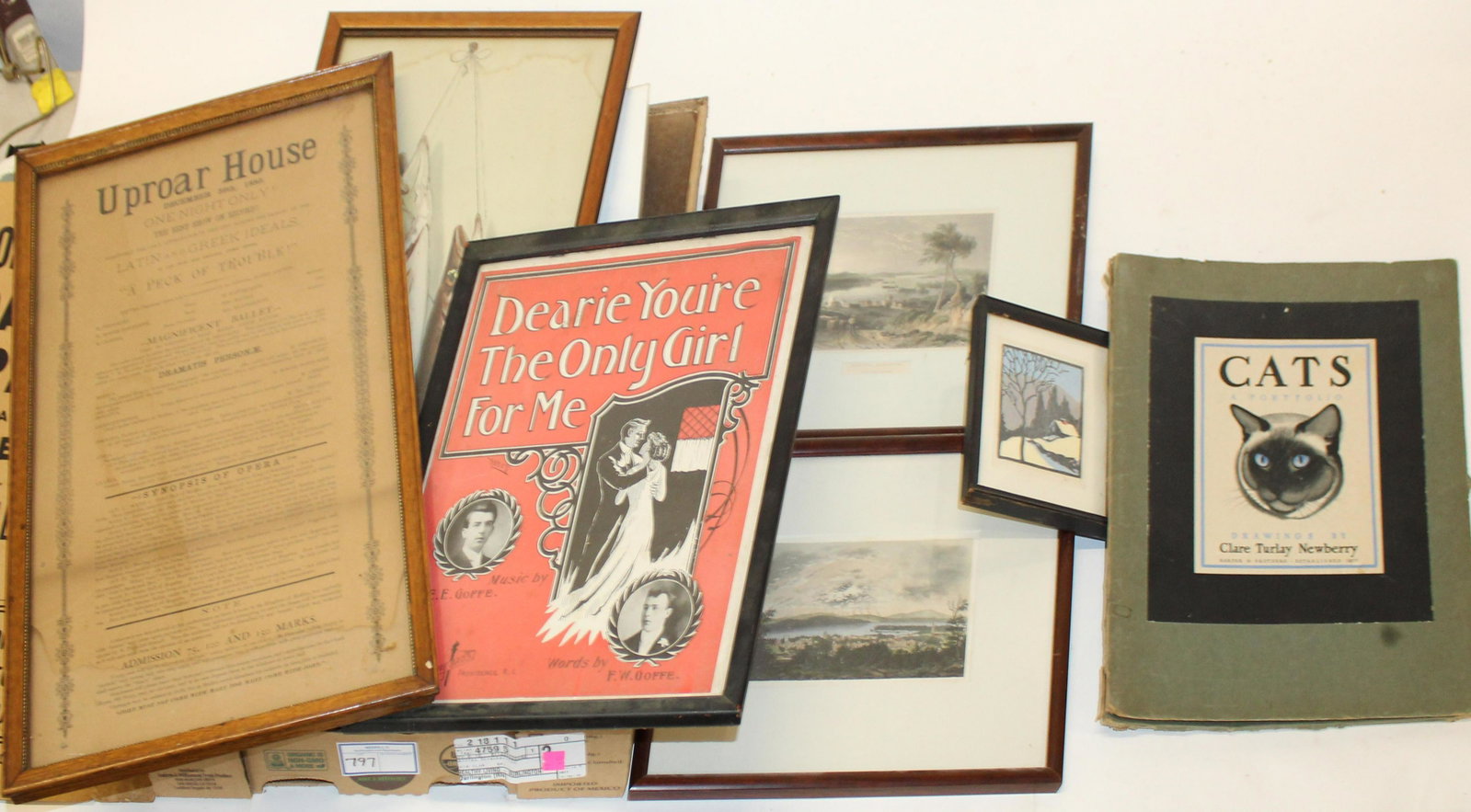 Prints, Engravings, Photos, Folio: Prints, engravings, photographs, & folio of cats (10 pcs), including h/c Burlington, VT, Winnipiseogee, 1886 Uproar House broadside, Old Man of the Mountain large photo, etc