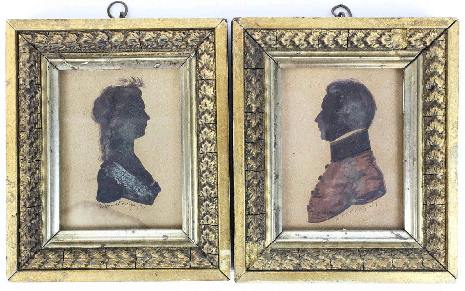 Pair of 1811 Foster of Derby Silhouettes: Pair of Foster of Derby hollow cut silhouettes signed & dated 1811, watercolor embellishments, overall size 6" x 5"