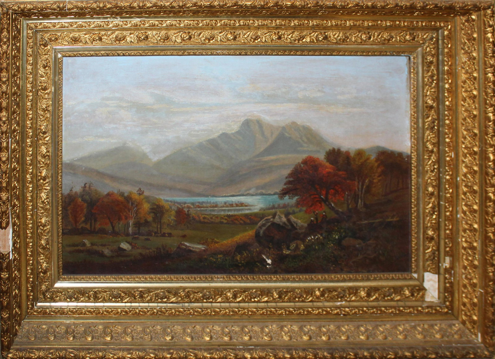 White Mountains School Landscape: 19th c White Mountains School landscape possibly Mount Washington oil on canvas, minor losses and cracquelure 16 x 24"