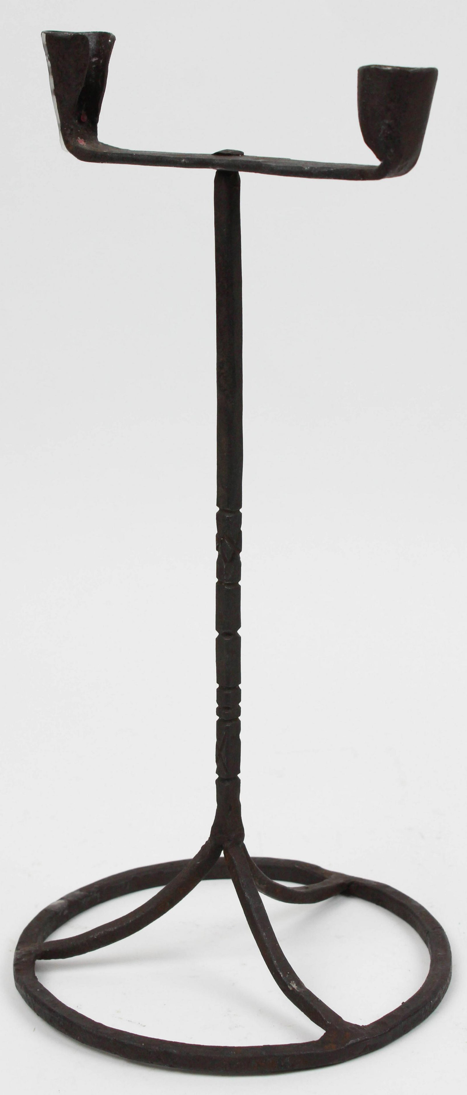 17th-18th c Wrought Iron Taper Light Holder: 17th- 18th c wrought iron double taper light holder, ht 12 3/4"