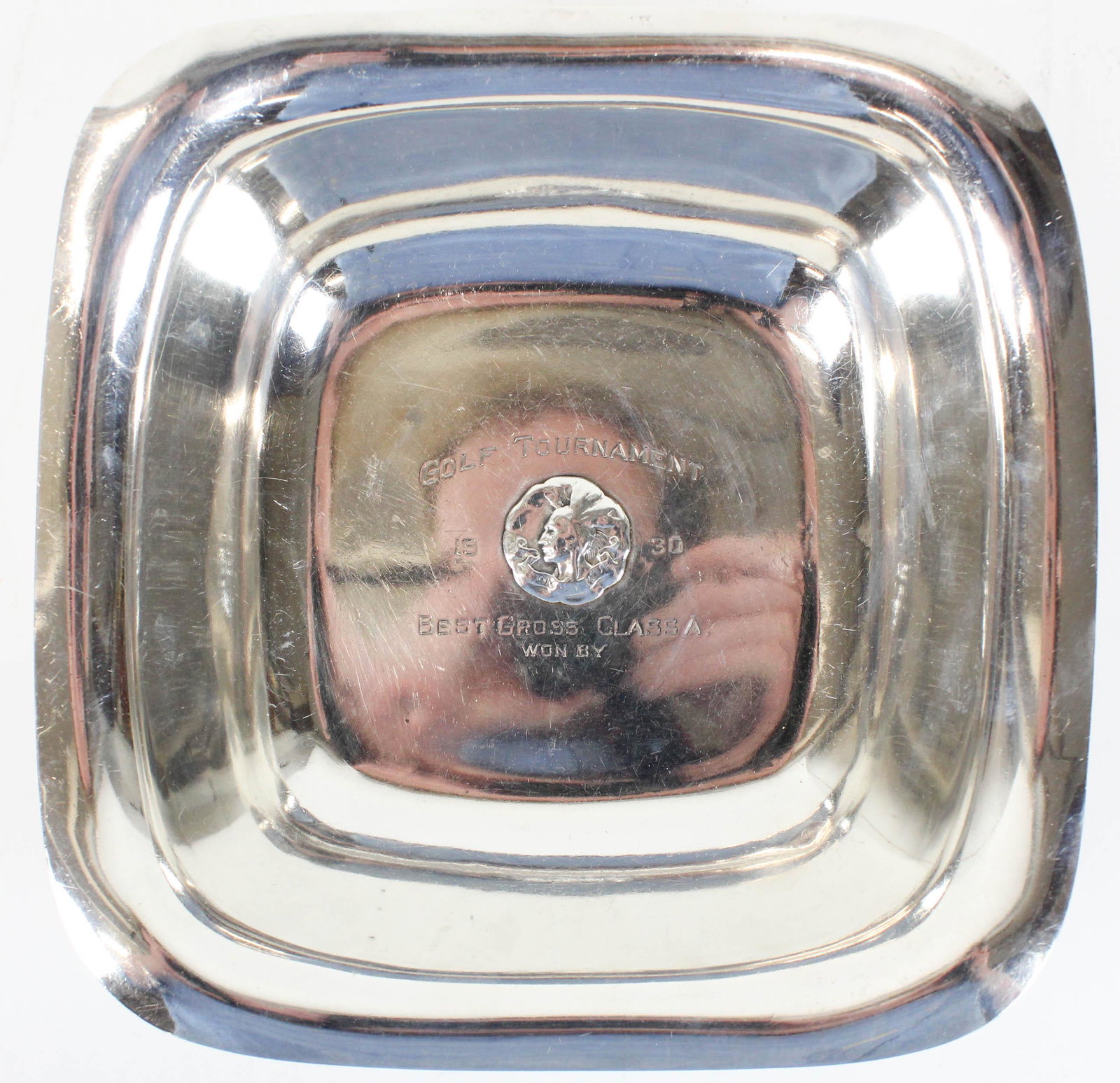 1930 Algonquin Club Sterling Golf Trophy Bowl: 1930 Reed & Barton sterling silver square golf tournament trophy bowl presented by The Algonquin Club of Boston with raised cartouche of a Native American chief as the club's emblem 2.5" x 9" 16.2 tro